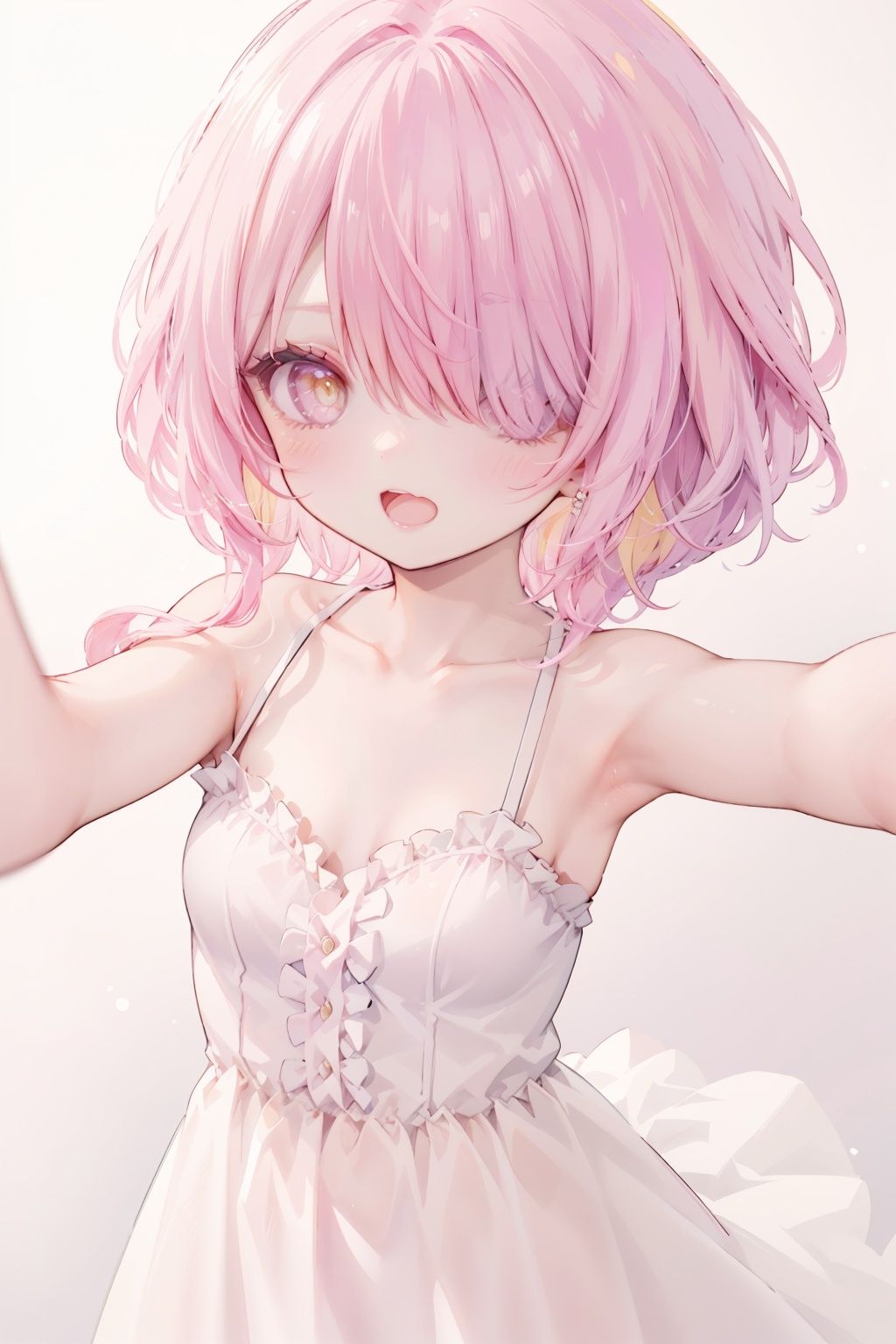 1girl, solo,looking at viewer,collarbone, blush,bare arms, bare shoulders,reaching arm ,close range, pink hair,yellow eyes,hair over one eye,hair tie,medium hair with long locks, low tied,low ponytail,long locks,solo locks,child,small breasts,bare shoulders,happy,blush,light smile,open mouth,standing,upper body,white background,arms reaching out,reaching out,White Slip dress