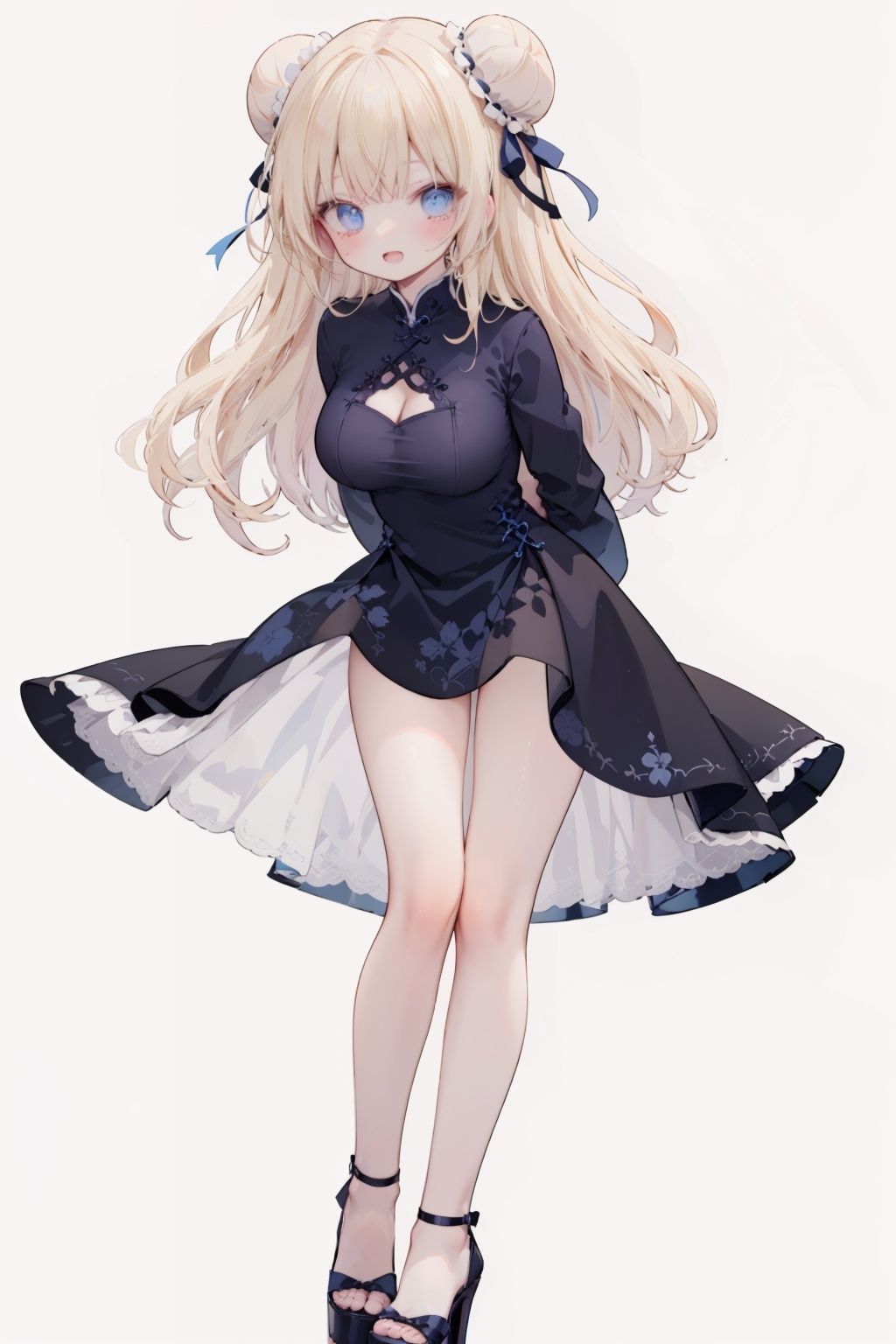 hair ribbon,buns, blonde hair, blue eyes, large breasts,long hair, bangs,looking at viewer, long sleeves, blush, stray hair,smile, open mouth, wink,Simple background china_dress, standing,full_body,arms behind back, leaning forward,bare legs,high heels,loli