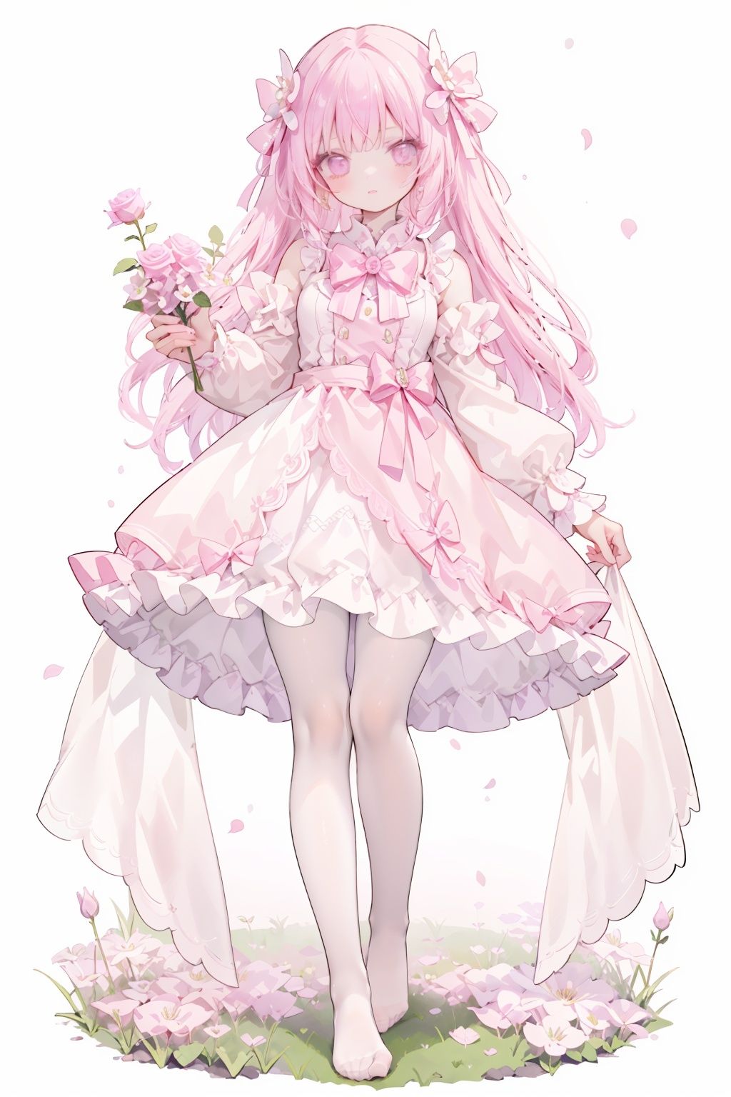 1girl, solo, dress,flower, bow, pantyhose, full body, white dress, looking at viewer,no shoes, pink flower,pink bow,long sleeves, rose, white pantyhose,holding, frills, pink rose, frilled dress, hair ornament, simple background, grass, bowtie, standing, hair bow, 