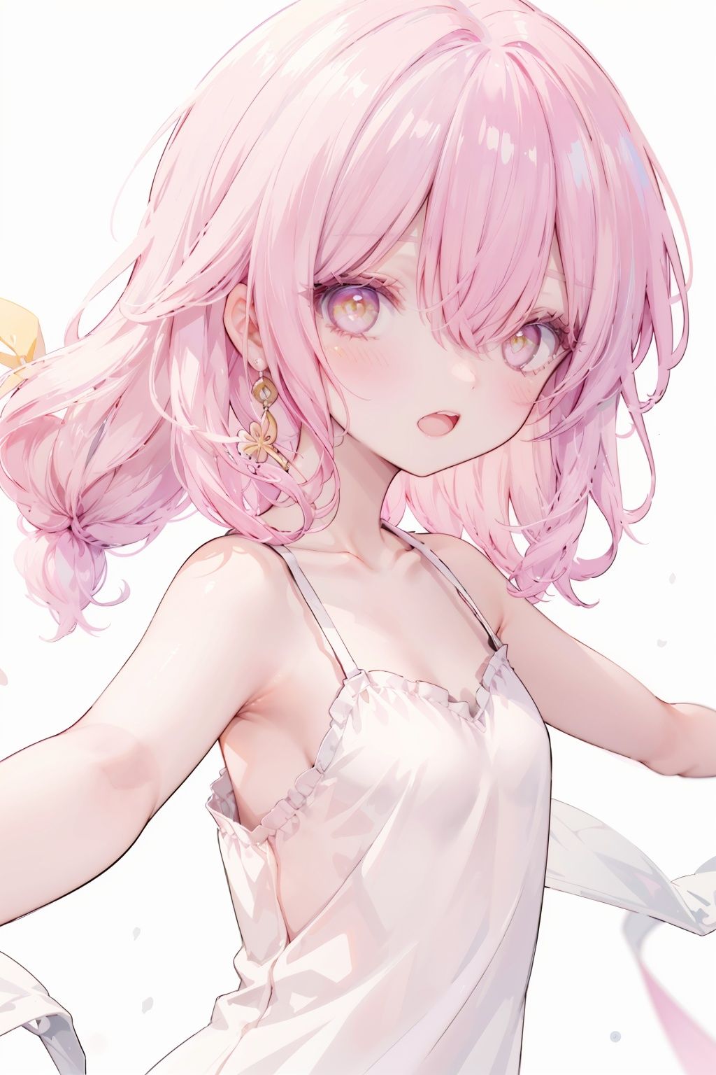 1girl, solo,looking at viewer,collarbone, blush,bare arms, bare shoulders,reaching arm ,close range, pink hair,yellow eyes,hair over one eye,hair tie,medium hair with long locks, low tied,low ponytail,long locks,solo locks,child,small breasts,bare shoulders,happy,blush,light smile,open mouth,standing,upper body,white background,arms out,reaching out,White Slip dress,outstretched arms,from side