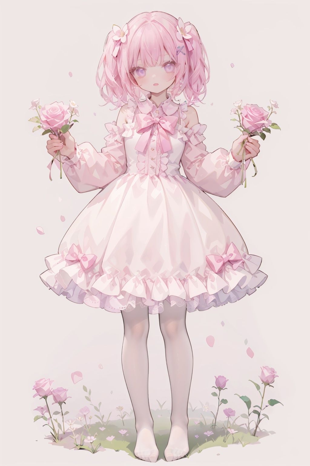 1girl, solo, dress,flower, bow, pantyhose, full body, white dress, looking at viewer,no shoes, pink flower,pink bow,long sleeves, rose, white pantyhose,holding, frills, pink rose, frilled dress, hair ornament, simple background, grass, bowtie, standing, hair bow, 