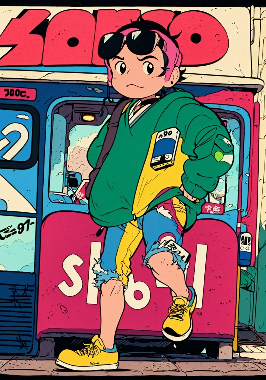 hayao miyazaki \(style\),(retro photography),(girl:1.2),(Japan:1.4),(nostalgic vibes:1.3),(urban street:1.3),(full-body shot:1.444),(street photography),(vintage look),(solo),(dynamic pose),(90s hairstyle:1.2),(bold and colorful outfit),(denim jacket with patches),(baggy jeans),(sneakers with vibrant colors),(retro accessories:1.15),(choker necklace),(oversized sunglasses),(scrunchie in hair),(graphic t-shirt:1.1),(pop culture reference),(walkman in hand),(90s graffiti backdrop),(authentic street art),(neon signs and billboards:1.2),(old school arcades),(vintage cars),(cassette tapes),(authentic 90s atmosphere),(nostalgic color grading:1.2),(film grain effect),(capturing the essence of the era)