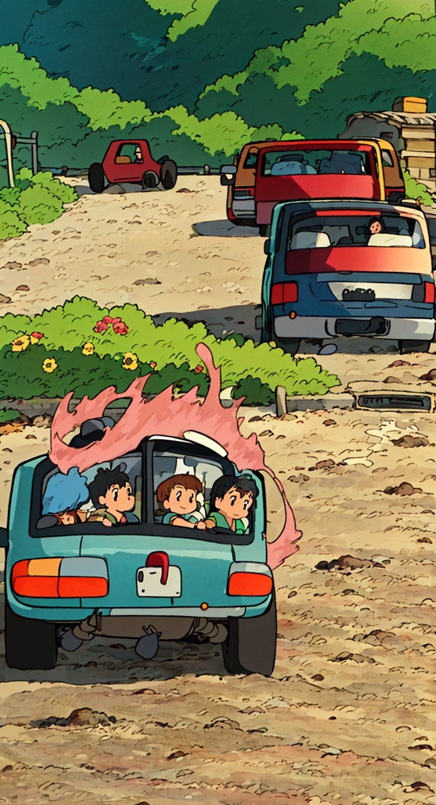hayao miyazaki \(style\),(Rural countryside:1.5),(group of children:1.2),(playful),(solo),(energetic),(full-body shot),(countryside adventure),(joyful),(carefree),(outdoor activities),(running and laughing),(capturing the moment),(natural lighting:1.2),(scenic backdrop),(rolling hills),(lush green fields),(colorful flowers),(authentic rural setting),(playground equipment),(swings and slides),(mud puddles),(innocent and mischievous expressions),(exploring and discovering),(sun-kissed atmosphere),(pure and unfiltered happiness),(capturing the spirit of childhood),(vibrant and lively)