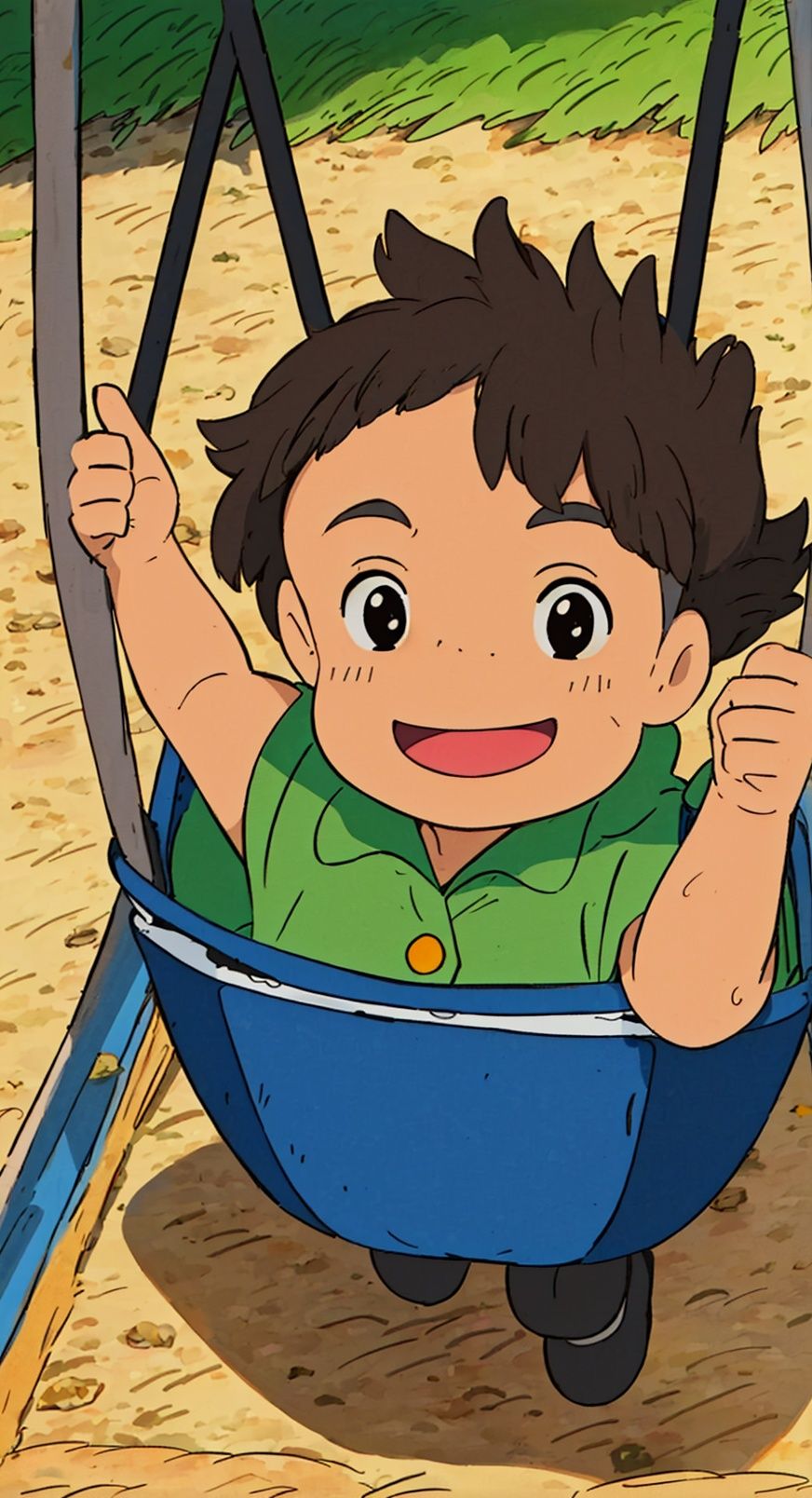 hayao miyazaki \(style\),(Rural countryside:1.5),(group of children:1.2),(playful),(solo),(energetic),(full-body shot),(countryside adventure),(joyful),(carefree),(outdoor activities),(running and laughing),(capturing the moment),(natural lighting:1.2),(scenic backdrop),(rolling hills),(lush green fields),(colorful flowers),(authentic rural setting),(playground equipment),(swings and slides),(mud puddles),(innocent and mischievous expressions),(exploring and discovering),(sun-kissed atmosphere),(pure and unfiltered happiness),(capturing the spirit of childhood),(vibrant and lively)