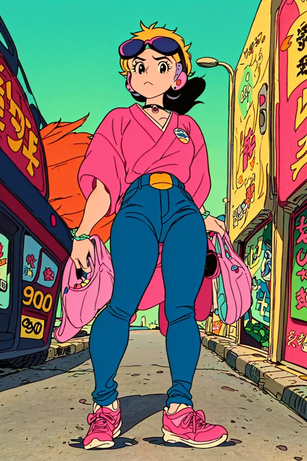 hayao miyazaki \(style\),(90s fashion:1.5),(retro photography),(girl:1.2),(Japan:1.4),(nostalgic vibes:1.3),(urban street:1.3),(full-body shot:1.444),(street photography),(vintage look),(solo),(dynamic pose),(90s hairstyle:1.2),(bold and colorful outfit),(denim jacket with patches),(baggy jeans),(sneakers with vibrant colors),(retro accessories:1.15),(choker necklace),(oversized sunglasses),(scrunchie in hair),(graphic t-shirt:1.1),(pop culture reference),(walkman in hand),(90s graffiti backdrop),(authentic street art),(neon signs and billboards:1.2),(old school arcades),(vintage cars),(cassette tapes),(authentic 90s atmosphere),(nostalgic color grading:1.2),(film grain effect),(capturing the essence of the era)
