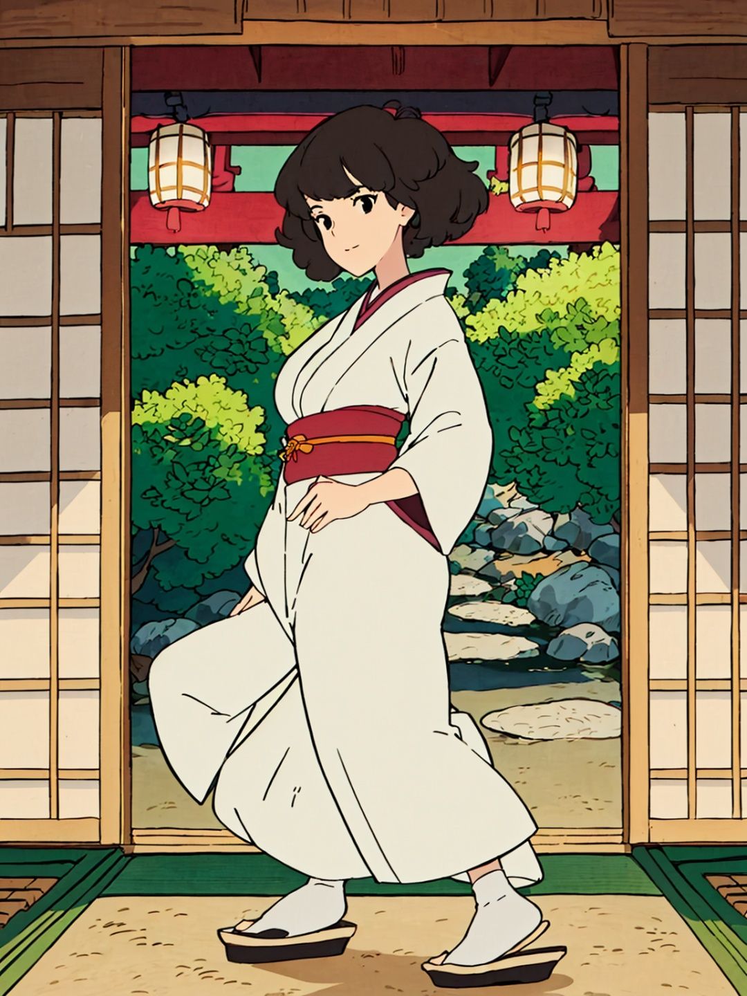 hayao miyazaki \(style\),(Japanese-style courtyard:1.5),(girl:1.2),(trendy),(solo),(full-body shot),(Japanese fashion:1.4),(modern attire),(contemporary twist),(stylish outfit),(fashion-forward),(bold and unique),(attention to detail:1.2),(flawless styling),(fashionable accessories),(on-trend footwear),(colorful and vibrant),(chic and confident),(serene natural lighting:1.2),(captivating backdrop),(lush greenery),(traditional elements),(blend of tradition and modernity),(dynamic composition),(graceful pose),(expressive body language),(capturing the spirit of the Japanese courtyard),(fashion-forward and stylish personality)