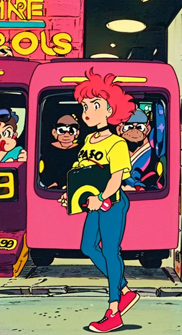 hayao miyazaki \(style\),(90s fashion:1.5),(retro photography),(girl:1.2),(Japan:1.4),(nostalgic vibes:1.3),(urban street:1.3),(full-body shot:1.444),(street photography),(vintage look),(solo),(dynamic pose),(90s hairstyle:1.2),(bold and colorful outfit),(denim jacket with patches),(baggy jeans),(sneakers with vibrant colors),(retro accessories:1.15),(choker necklace),(oversized sunglasses),(scrunchie in hair),(graphic t-shirt:1.1),(pop culture reference),(walkman in hand),(90s graffiti backdrop),(authentic street art),(neon signs and billboards:1.2),(old school arcades),(vintage cars),(cassette tapes),(authentic 90s atmosphere),(nostalgic color grading:1.2),(film grain effect),(capturing the essence of the era)