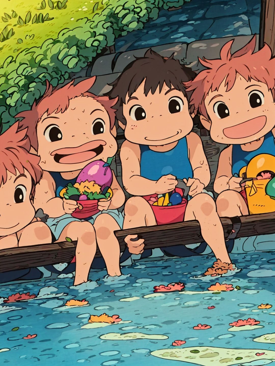 hayao miyazaki \(style\),(Rural countryside:1.5),(group of children:1.2),(playful),(solo),(energetic),(full-body shot),(countryside adventure),(joyful),(carefree),(outdoor activities),(running and laughing),(capturing the moment),(natural lighting:1.2),(scenic backdrop),(rolling hills),(lush green fields),(colorful flowers),(authentic rural setting),(playground equipment),(swings and slides),(mud puddles),(innocent and mischievous expressions),(exploring and discovering),(sun-kissed atmosphere),(pure and unfiltered happiness),(capturing the spirit of childhood),(vibrant and lively)