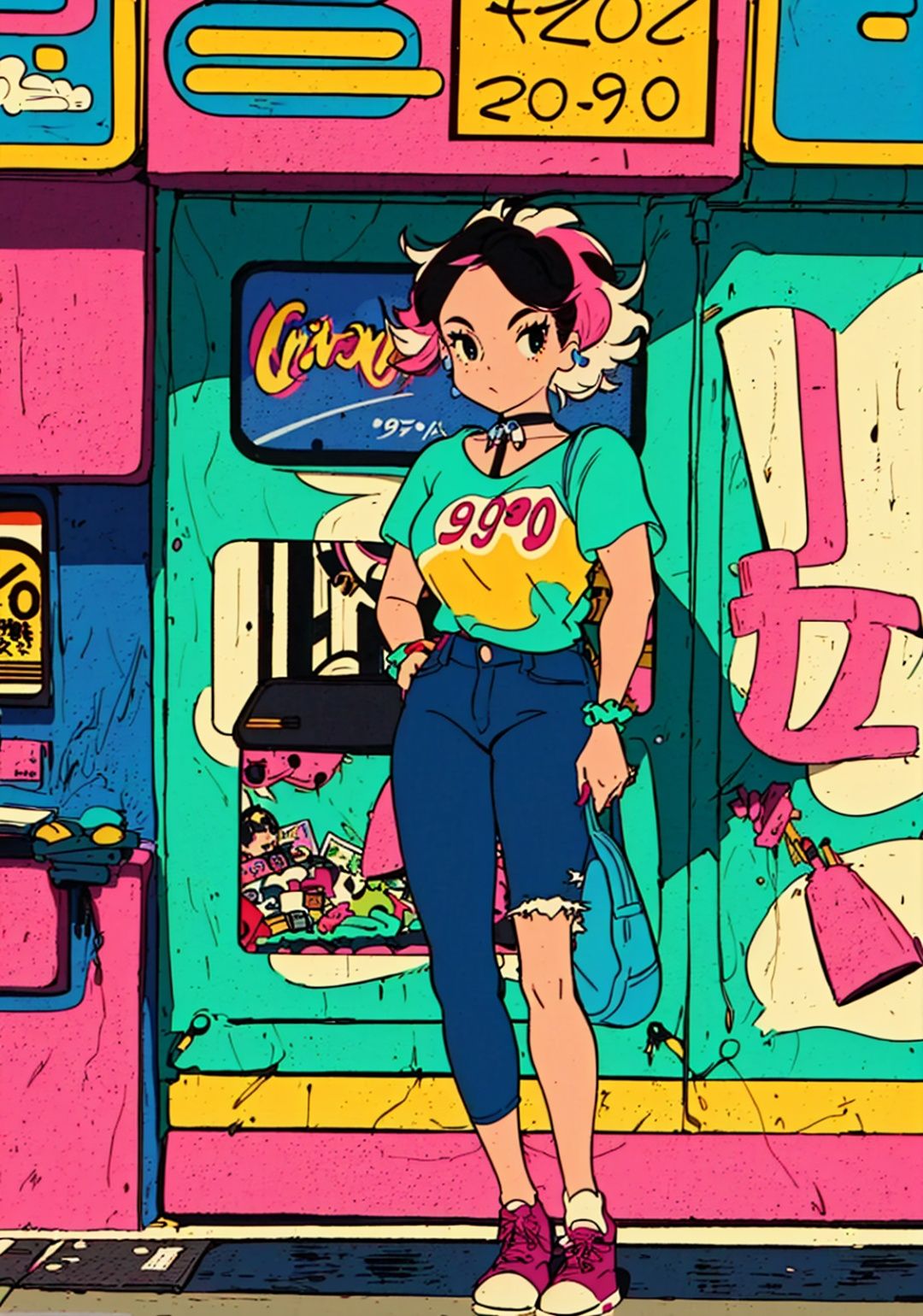 hayao miyazaki \(style\),(retro photography),(girl:1.2),(Japan:1.4),(nostalgic vibes:1.3),(urban street:1.3),(full-body shot:1.444),(street photography),(vintage look),(solo),(dynamic pose),(90s hairstyle:1.2),(bold and colorful outfit),(denim jacket with patches),(baggy jeans),(sneakers with vibrant colors),(retro accessories:1.15),(choker necklace),(oversized sunglasses),(scrunchie in hair),(graphic t-shirt:1.1),(pop culture reference),(walkman in hand),(90s graffiti backdrop),(authentic street art),(neon signs and billboards:1.2),(old school arcades),(vintage cars),(cassette tapes),(authentic 90s atmosphere),(nostalgic color grading:1.2),(film grain effect),(capturing the essence of the era)