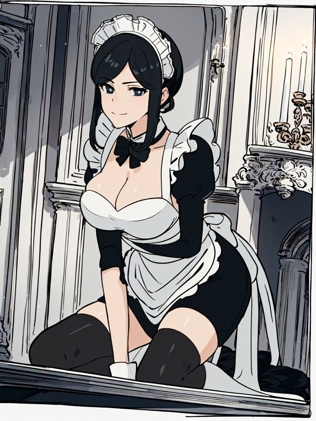 (Black and white maid costume:1.5),(black stockings:1.4),(girl:1.2),(elegant),(seductive),(solo),(kneeling pose),(looking up at the camera),(intense gaze),(detailed facial features:1.2),(hands placed behind her back:1.5),(delicate lace gloves),(stylish and fitted maid dress),(accentuated curves),(alluring charm),(monochrome color palette),(dramatic lighting:1.3),(contrasting shadows and highlights),(captivating atmosphere),(elevated platform),(subtle smoke effect),(sophisticated background:1.1),(opulent interior),(elegant furniture),(ornate details),(capturing the allure of the character),(seductive and confident personality)
