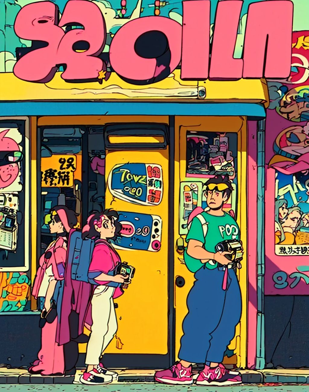 hayao miyazaki \(style\),(90s fashion:1.5),(retro photography),(girl:1.2),(Japan:1.4),(nostalgic vibes:1.3),(urban street:1.3),(full-body shot:1.444),(street photography),(vintage look),(solo),(dynamic pose),(90s hairstyle:1.2),(bold and colorful outfit),(denim jacket with patches),(baggy jeans),(sneakers with vibrant colors),(retro accessories:1.15),(choker necklace),(oversized sunglasses),(scrunchie in hair),(graphic t-shirt:1.1),(pop culture reference),(walkman in hand),(90s graffiti backdrop),(authentic street art),(neon signs and billboards:1.2),(old school arcades),(vintage cars),(cassette tapes),(authentic 90s atmosphere),(nostalgic color grading:1.2),(film grain effect),(capturing the essence of the era)