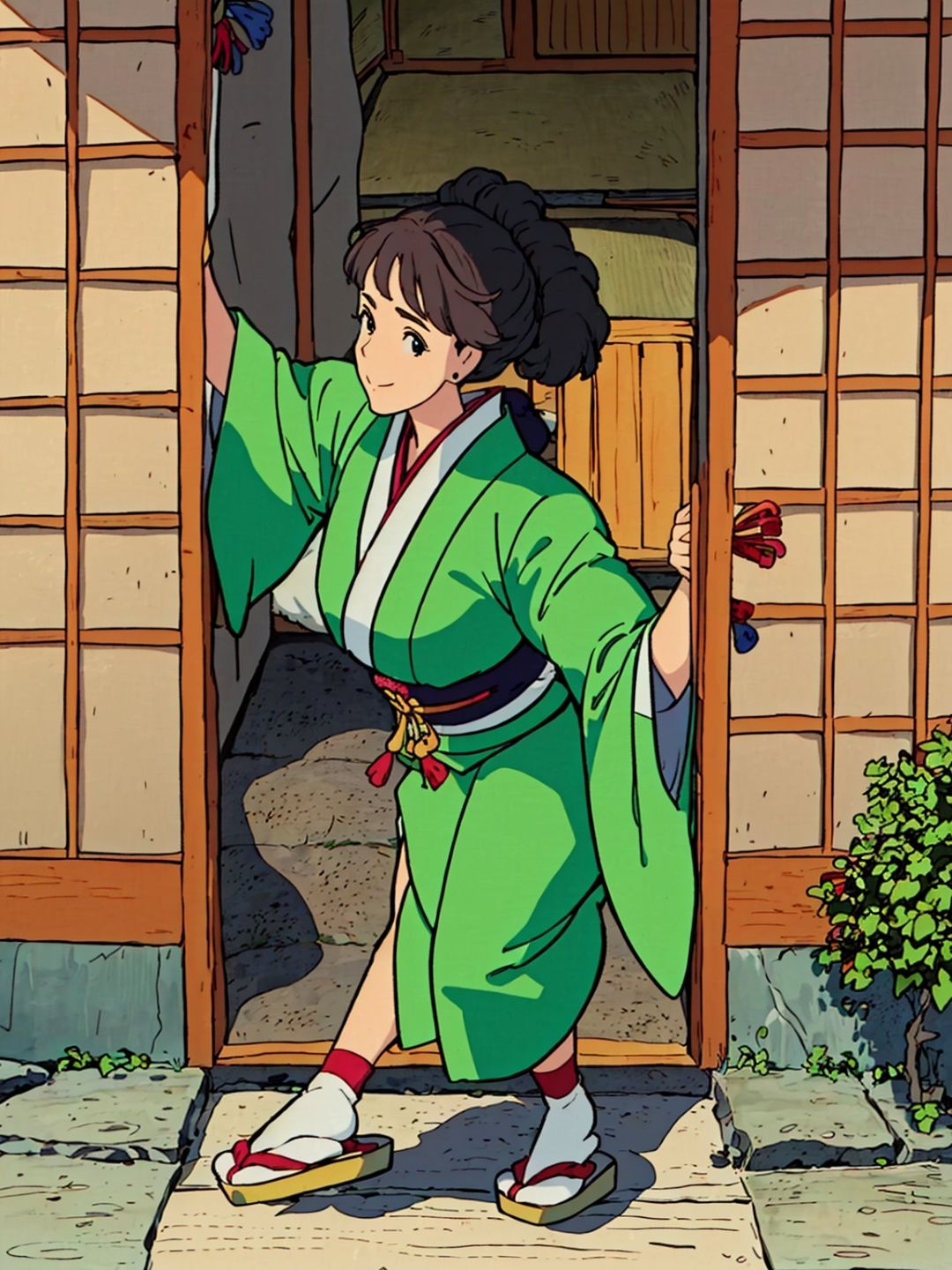 hayao miyazaki \(style\),(Japanese-style courtyard:1.5),(girl:1.2),(trendy),(solo),(full-body shot),(Japanese fashion:1.4),(modern attire),(contemporary twist),(stylish outfit),(fashion-forward),(bold and unique),(attention to detail:1.2),(flawless styling),(fashionable accessories),(on-trend footwear),(colorful and vibrant),(chic and confident),(serene natural lighting:1.2),(captivating backdrop),(lush greenery),(traditional elements),(blend of tradition and modernity),(dynamic composition),(graceful pose),(expressive body language),(capturing the spirit of the Japanese courtyard),(fashion-forward and stylish personality)