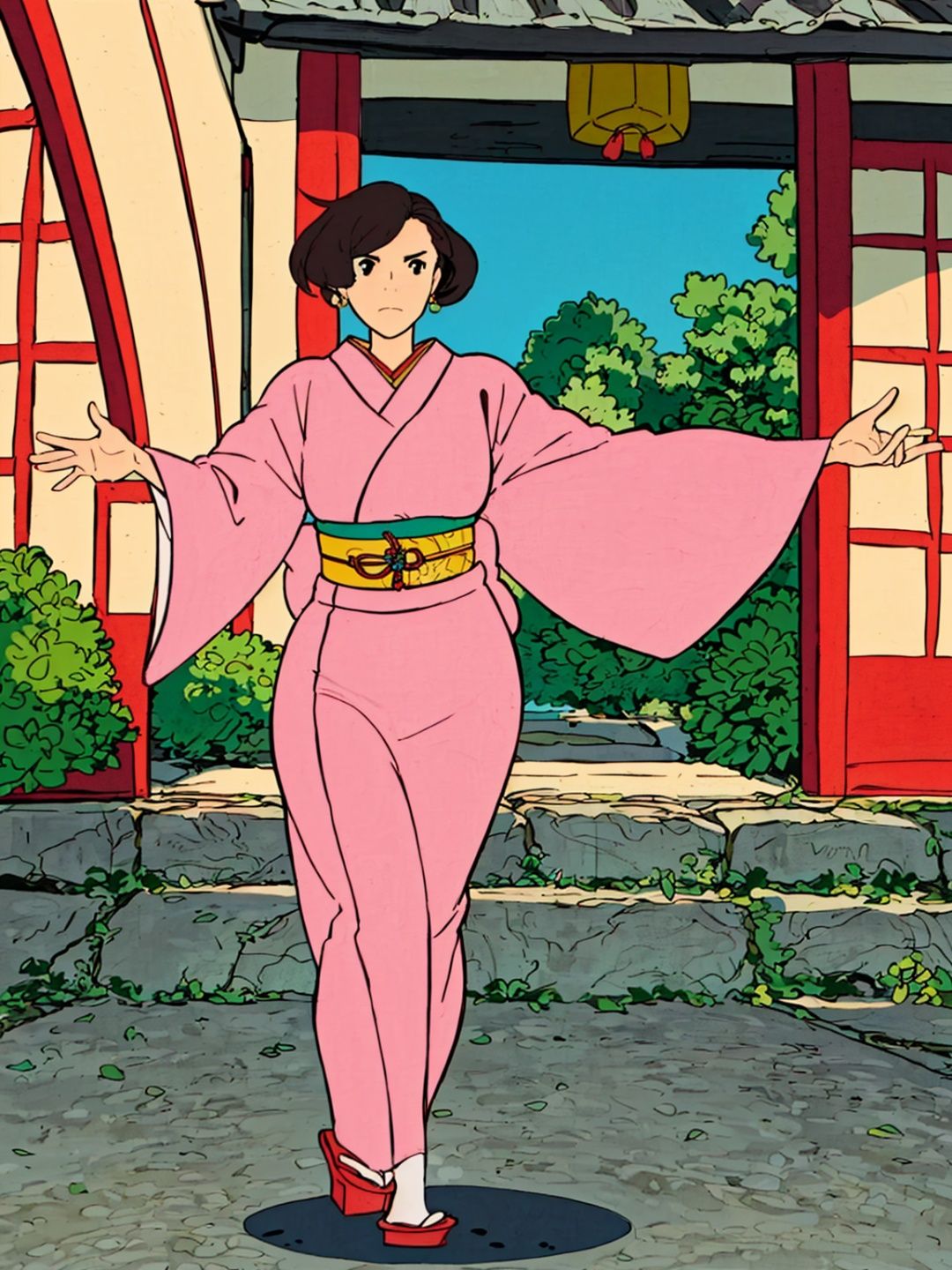 hayao miyazaki \(style\),(Japanese-style courtyard:1.5),(girl:1.2),(trendy),(solo),(full-body shot),(Japanese fashion:1.4),(modern attire),(contemporary twist),(stylish outfit),(fashion-forward),(bold and unique),(attention to detail:1.2),(flawless styling),(fashionable accessories),(on-trend footwear),(colorful and vibrant),(chic and confident),(serene natural lighting:1.2),(captivating backdrop),(lush greenery),(traditional elements),(blend of tradition and modernity),(dynamic composition),(graceful pose),(expressive body language),(capturing the spirit of the Japanese courtyard),(fashion-forward and stylish personality)