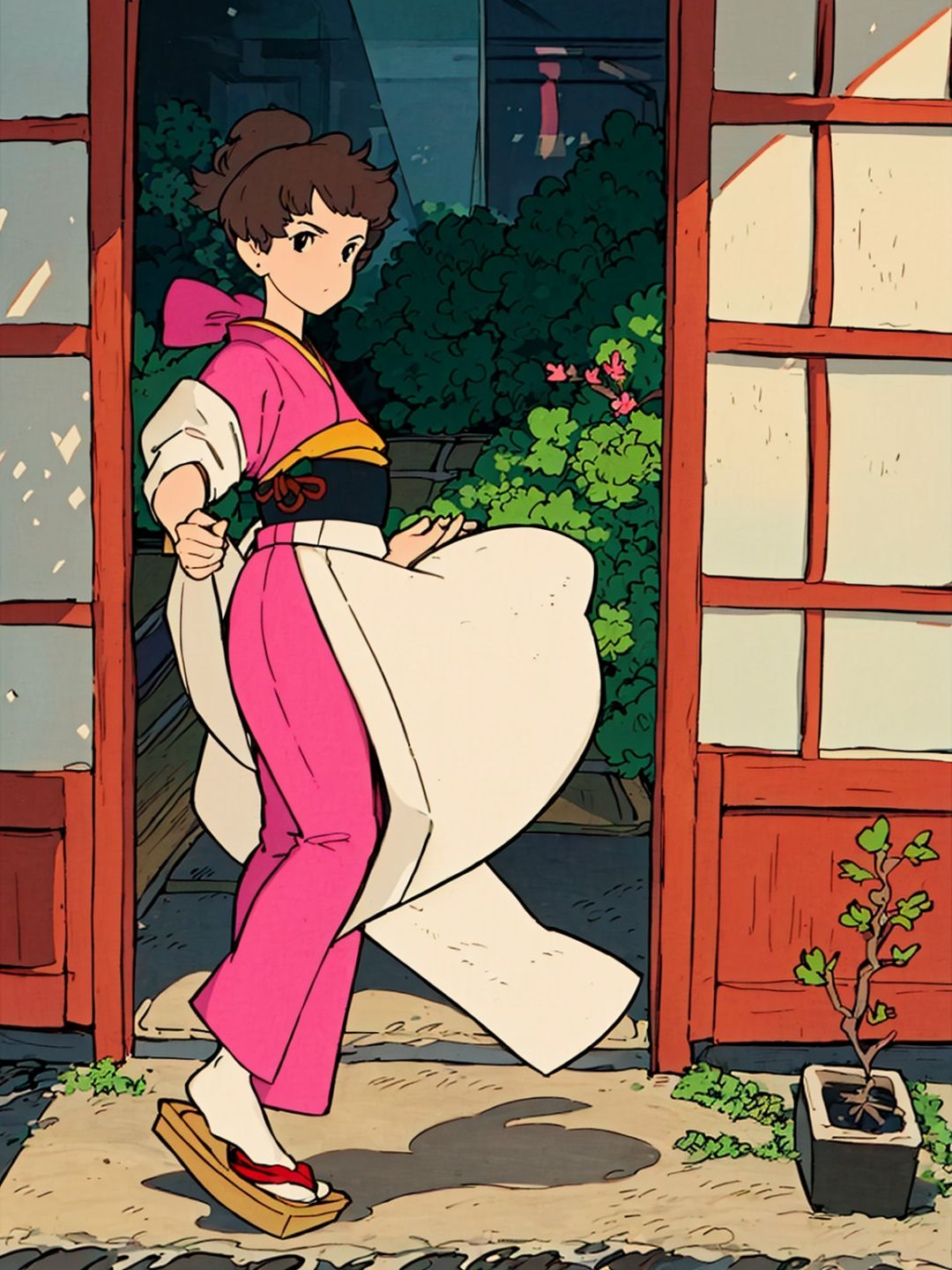 hayao miyazaki \(style\),(Japanese-style courtyard:1.5),(girl:1.2),(trendy),(solo),(full-body shot),(Japanese fashion:1.4),(modern attire),(contemporary twist),(stylish outfit),(fashion-forward),(bold and unique),(attention to detail:1.2),(flawless styling),(fashionable accessories),(on-trend footwear),(colorful and vibrant),(chic and confident),(serene natural lighting:1.2),(captivating backdrop),(lush greenery),(traditional elements),(blend of tradition and modernity),(dynamic composition),(graceful pose),(expressive body language),(capturing the spirit of the Japanese courtyard),(fashion-forward and stylish personality)