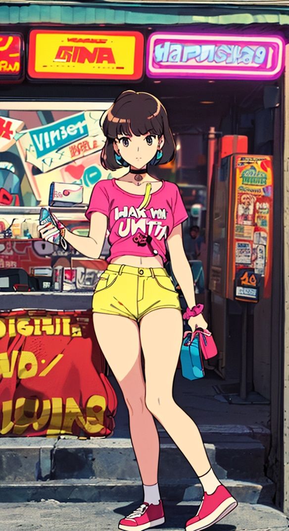 hayao miyazaki \(style\),(90s fashion:1.5),(retro photography),(girl:1.2),(Japan:1.4),(nostalgic vibes:1.3),(urban street:1.3),(full-body shot:1.444),(street photography),(vintage look),(solo),(dynamic pose),(90s hairstyle:1.2),(bold and colorful outfit),(denim jacket with patches),(baggy jeans),(sneakers with vibrant colors),(retro accessories:1.15),(choker necklace),(oversized sunglasses),(scrunchie in hair),(graphic t-shirt:1.1),(pop culture reference),(walkman in hand),(90s graffiti backdrop),(authentic street art),(neon signs and billboards:1.2),(old school arcades),(vintage cars),(cassette tapes),(authentic 90s atmosphere),(nostalgic color grading:1.2),(film grain effect),(capturing the essence of the era)