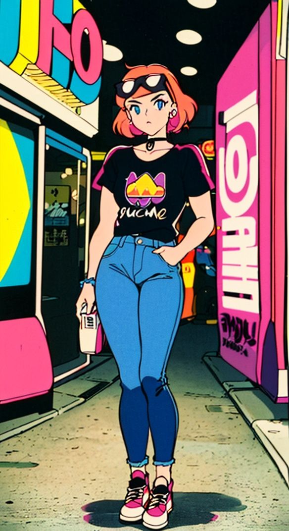 hayao miyazaki \(style\),(90s fashion:1.5),(retro photography),(girl:1.2),(Japan:1.4),(nostalgic vibes:1.3),(urban street:1.3),(full-body shot:1.444),(street photography),(vintage look),(solo),(dynamic pose),(90s hairstyle:1.2),(bold and colorful outfit),(denim jacket with patches),(baggy jeans),(sneakers with vibrant colors),(retro accessories:1.15),(choker necklace),(oversized sunglasses),(scrunchie in hair),(graphic t-shirt:1.1),(pop culture reference),(walkman in hand),(90s graffiti backdrop),(authentic street art),(neon signs and billboards:1.2),(old school arcades),(vintage cars),(cassette tapes),(authentic 90s atmosphere),(nostalgic color grading:1.2),(film grain effect),(capturing the essence of the era)