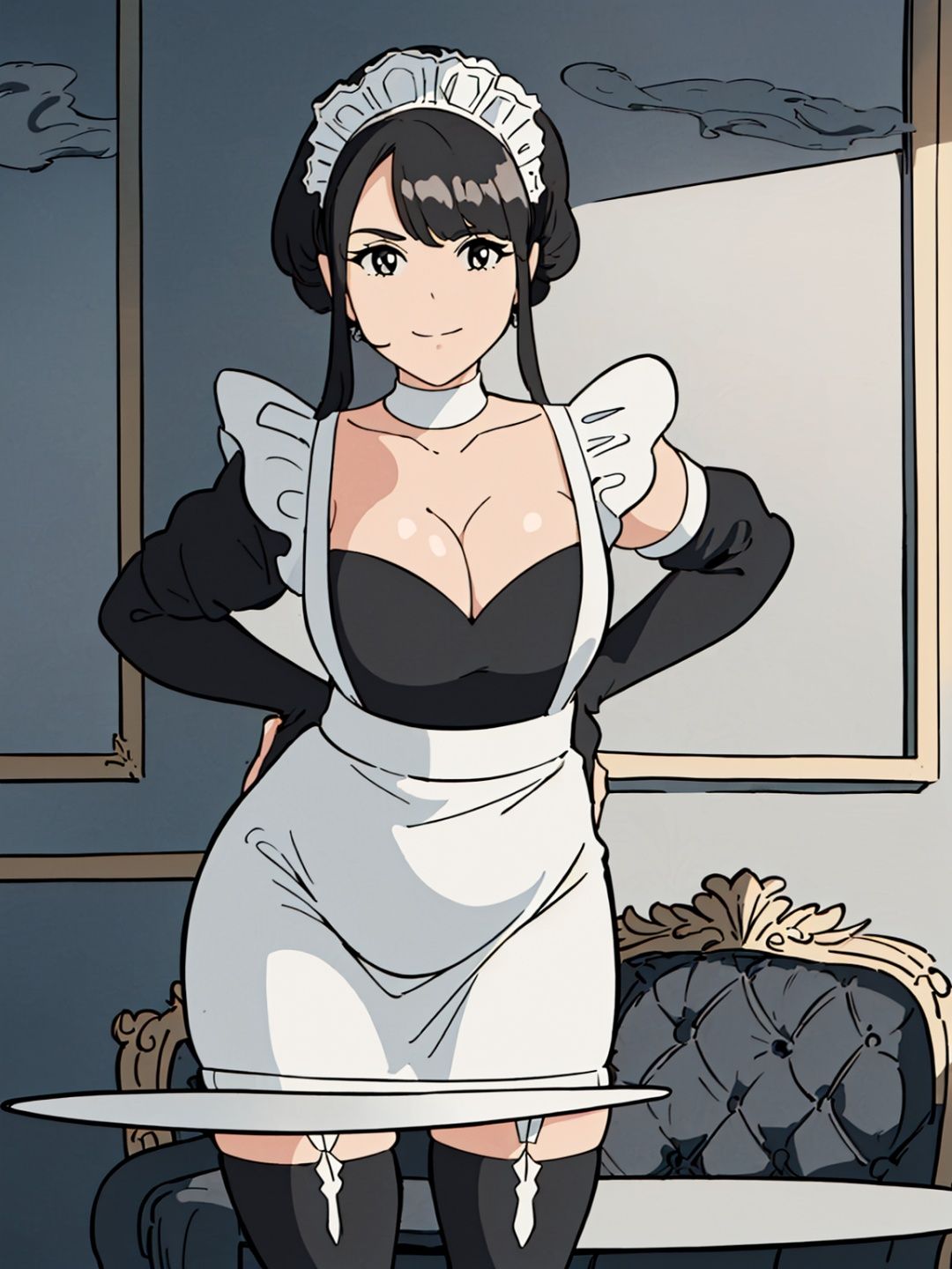 hayao miyazaki \(style\),(Black and white maid costume:1.5),(black stockings:1.4),(girl:1.2),(elegant),(seductive),(solo),(kneeling pose),(looking up at the camera),(intense gaze),(detailed facial features:1.2),(hands placed behind her back:1.5),(delicate lace gloves),(stylish and fitted maid dress),(accentuated curves),(alluring charm),(monochrome color palette),(dramatic lighting:1.3),(contrasting shadows and highlights),(captivating atmosphere),(elevated platform),(subtle smoke effect),(sophisticated background:1.1),(opulent interior),(elegant furniture),(ornate details),(capturing the allure of the character),(seductive and confident personality)