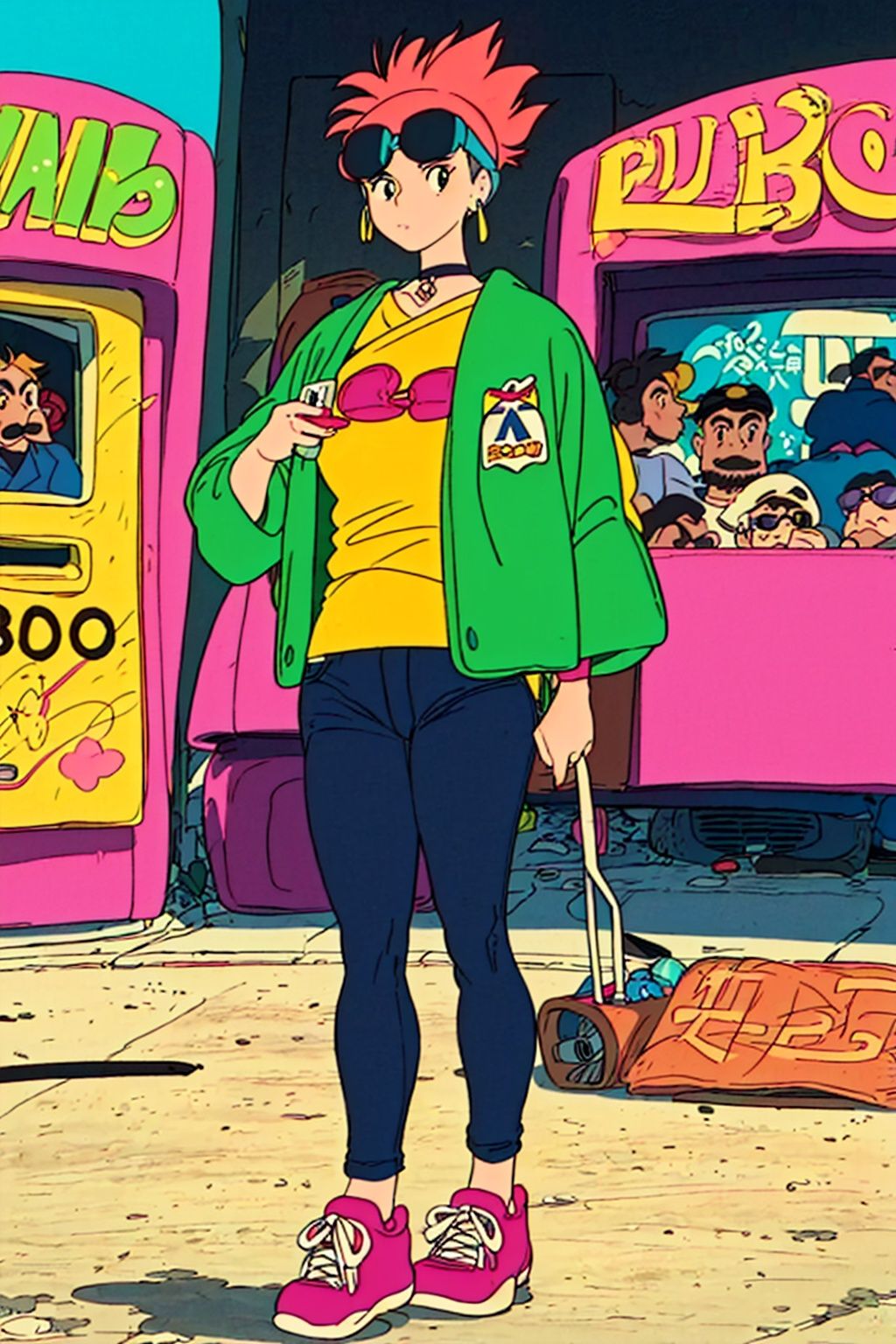 hayao miyazaki \(style\),(90s fashion:1.5),(retro photography),(girl:1.2),(Japan:1.4),(nostalgic vibes:1.3),(urban street:1.3),(full-body shot:1.444),(street photography),(vintage look),(solo),(dynamic pose),(90s hairstyle:1.2),(bold and colorful outfit),(denim jacket with patches),(baggy jeans),(sneakers with vibrant colors),(retro accessories:1.15),(choker necklace),(oversized sunglasses),(scrunchie in hair),(graphic t-shirt:1.1),(pop culture reference),(walkman in hand),(90s graffiti backdrop),(authentic street art),(neon signs and billboards:1.2),(old school arcades),(vintage cars),(cassette tapes),(authentic 90s atmosphere),(nostalgic color grading:1.2),(film grain effect),(capturing the essence of the era)