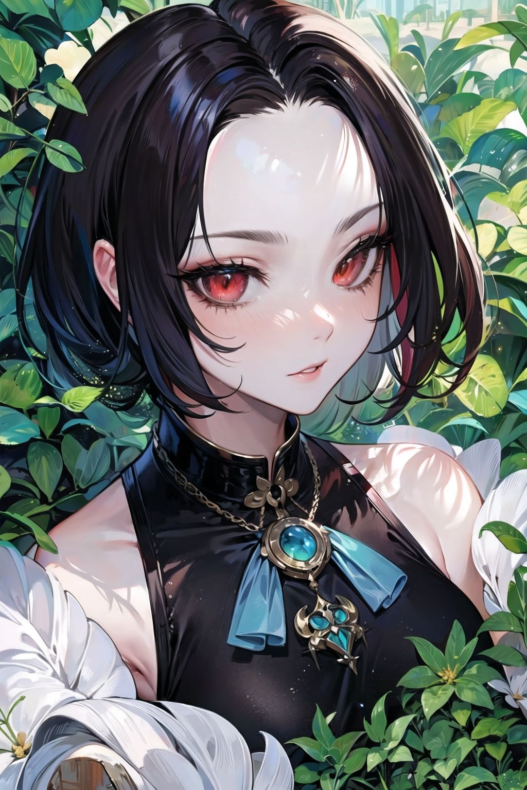 1girl,solo,outdoors,portrait, cat girl,forehead,red sclera,muted color,clover