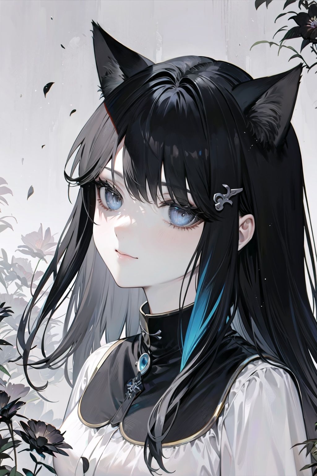 1girl,solo,outdoors,portrait, cat girl,xd,button eyes,colored with greyscale background,flower
