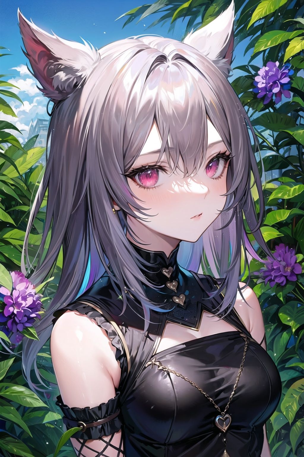 1girl,solo,outdoors,portrait, cat girl,facepalm,pink eyes,colorized,wolfsbane