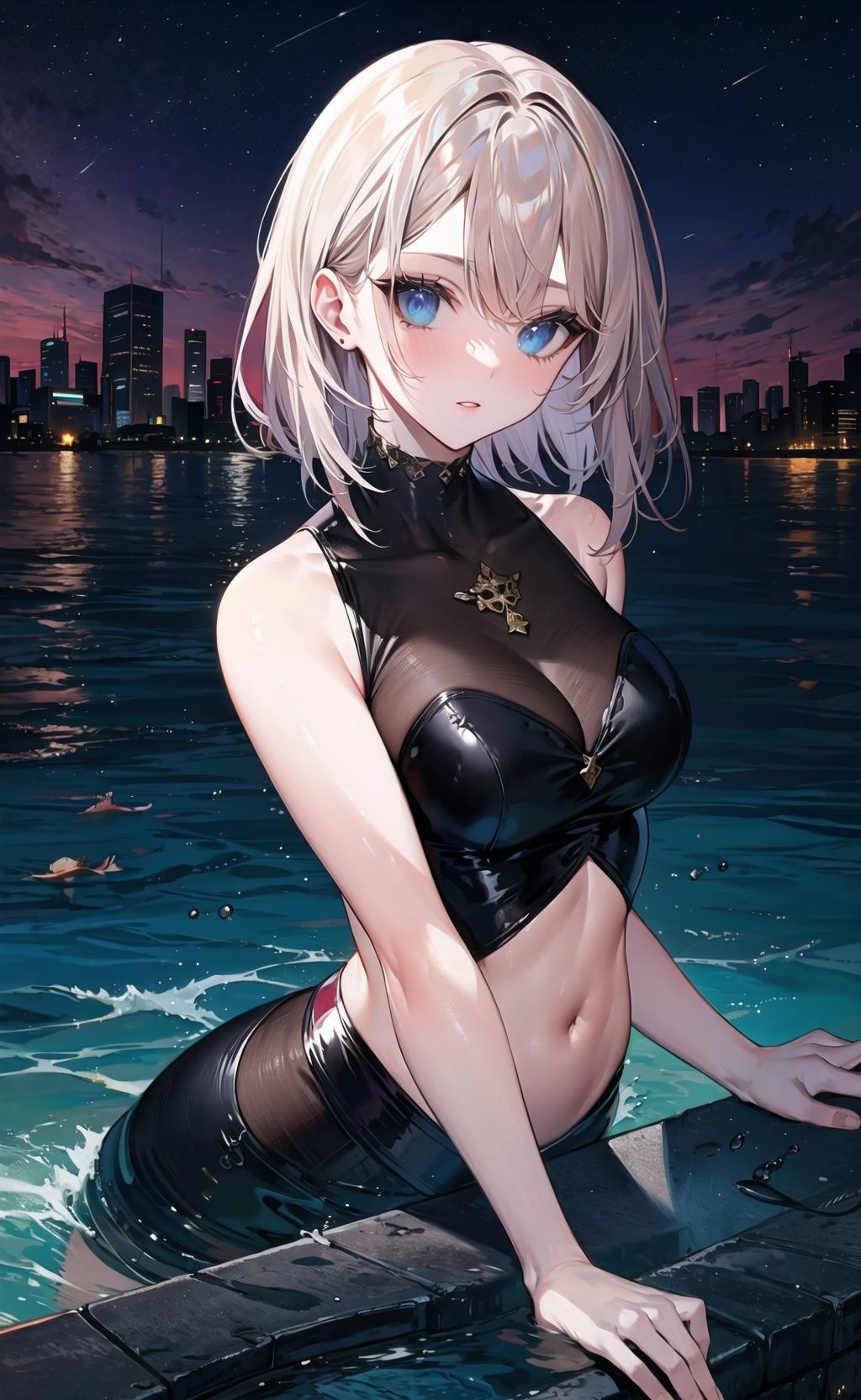 1girl,solo,dusk,sea,city,sky,upperbody