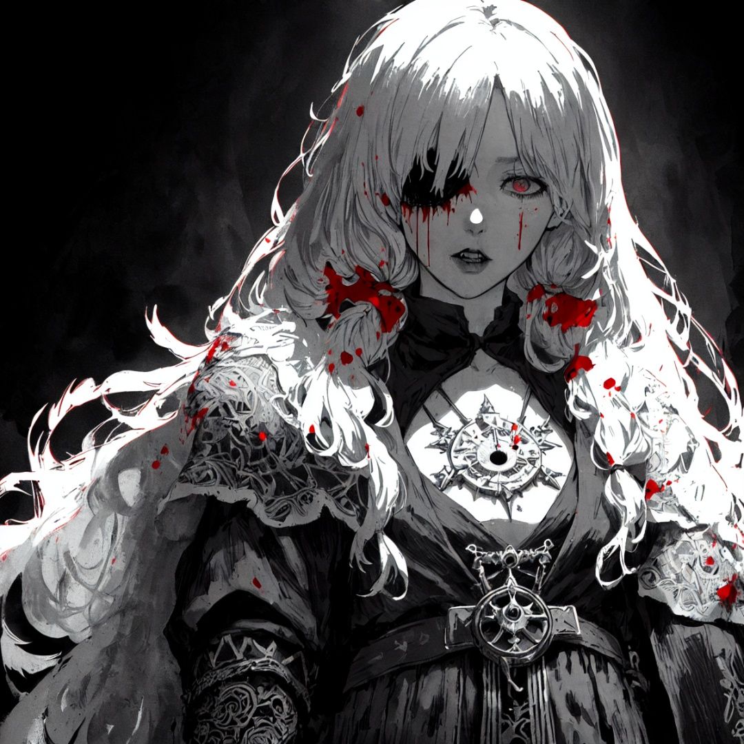 ashenhard style,(ultra-detailed),(highres),(intricate detail),(best quality:1.2),(masterpiece:1.2),(extremely detailed CG unity 8k wallpaper),illustration,original,1girl,solo,cowboy shot,vampire,bandage over one eye,white skin,twintails,blood in hair,cinematic angle,