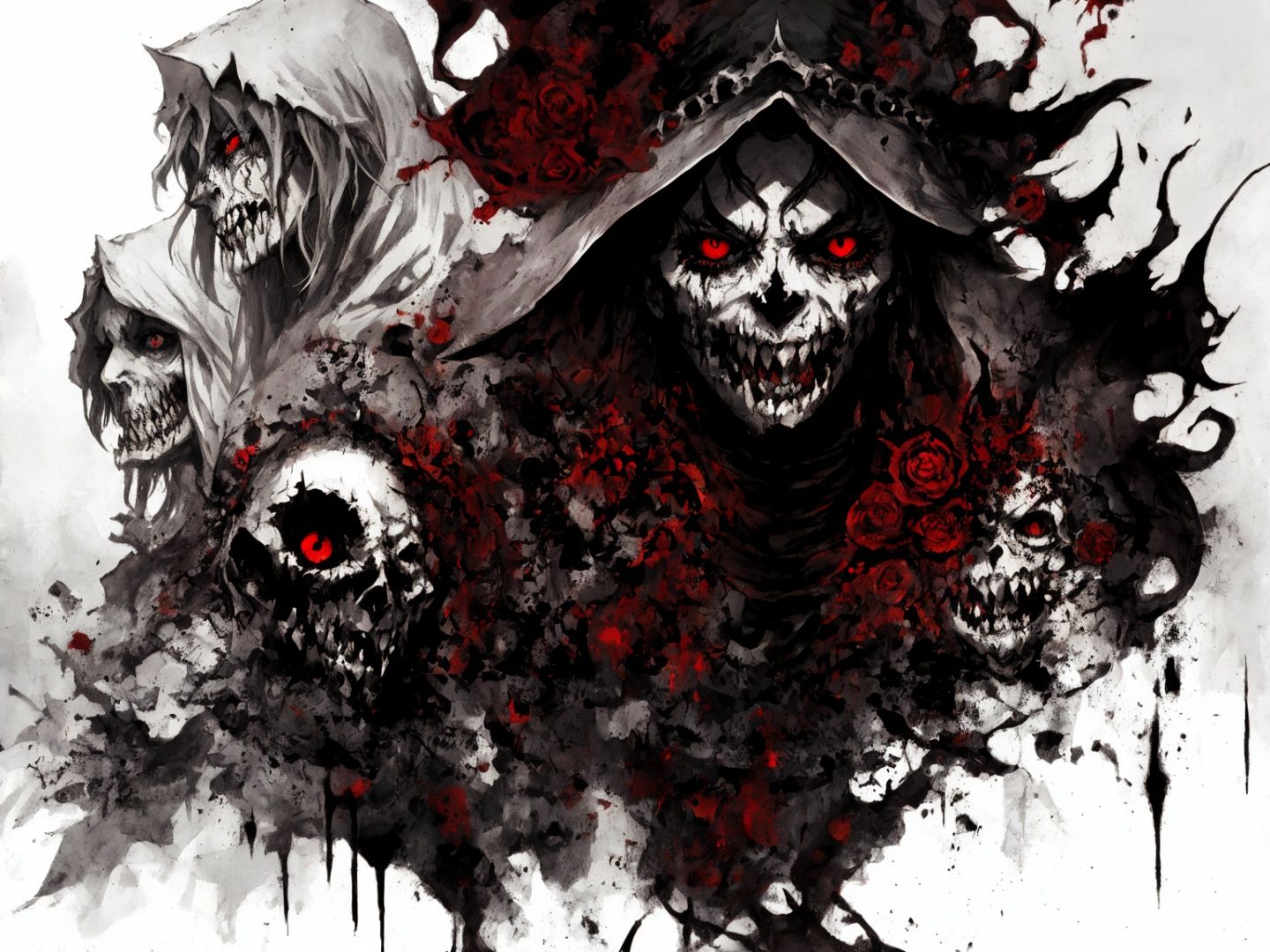 ashenhard style,by aaron horkey,1girl, solo,monster girl,fangs, grin,red eyes,horror, 
