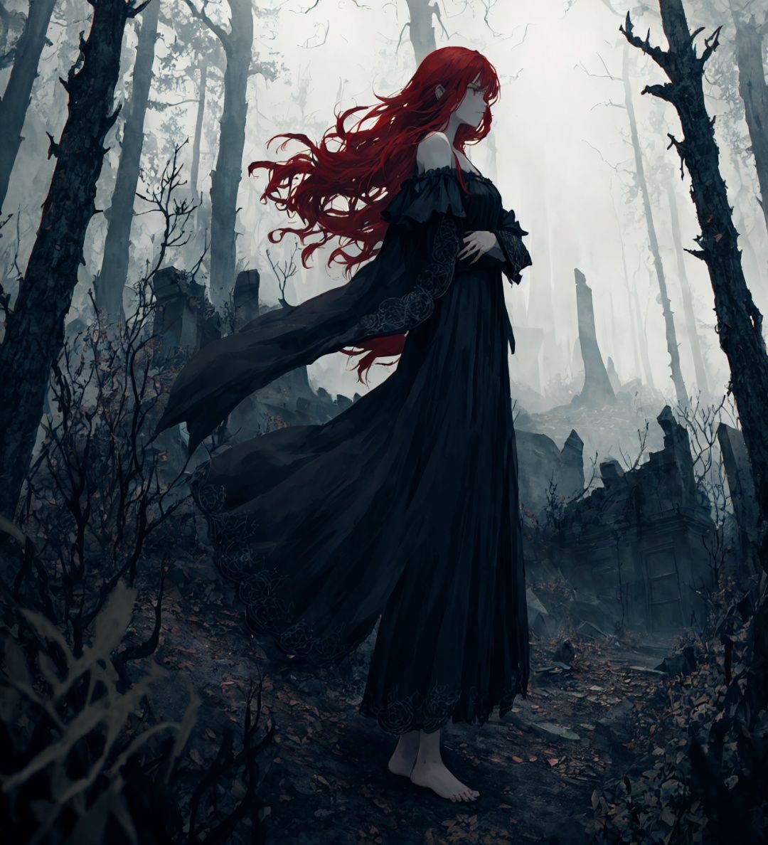 ashenhard style,(a beautiful detailed girl:1.3),full body,Golden ratio,girl focus,long hair,(red hair),off-shoulder dress,Bare feet,(best quality:1.2),(masterpiece:1.2),(ultra-detailed),(highres),(intricate detail),(extremely detailed CG unity 8k wallpaper),illustration,depth_of_field,cinematic angle,shadows,sinister, eerie, foreboding, ominous, chilling,Dark Forest,horror,ancient ruins, haunting, supernatural.