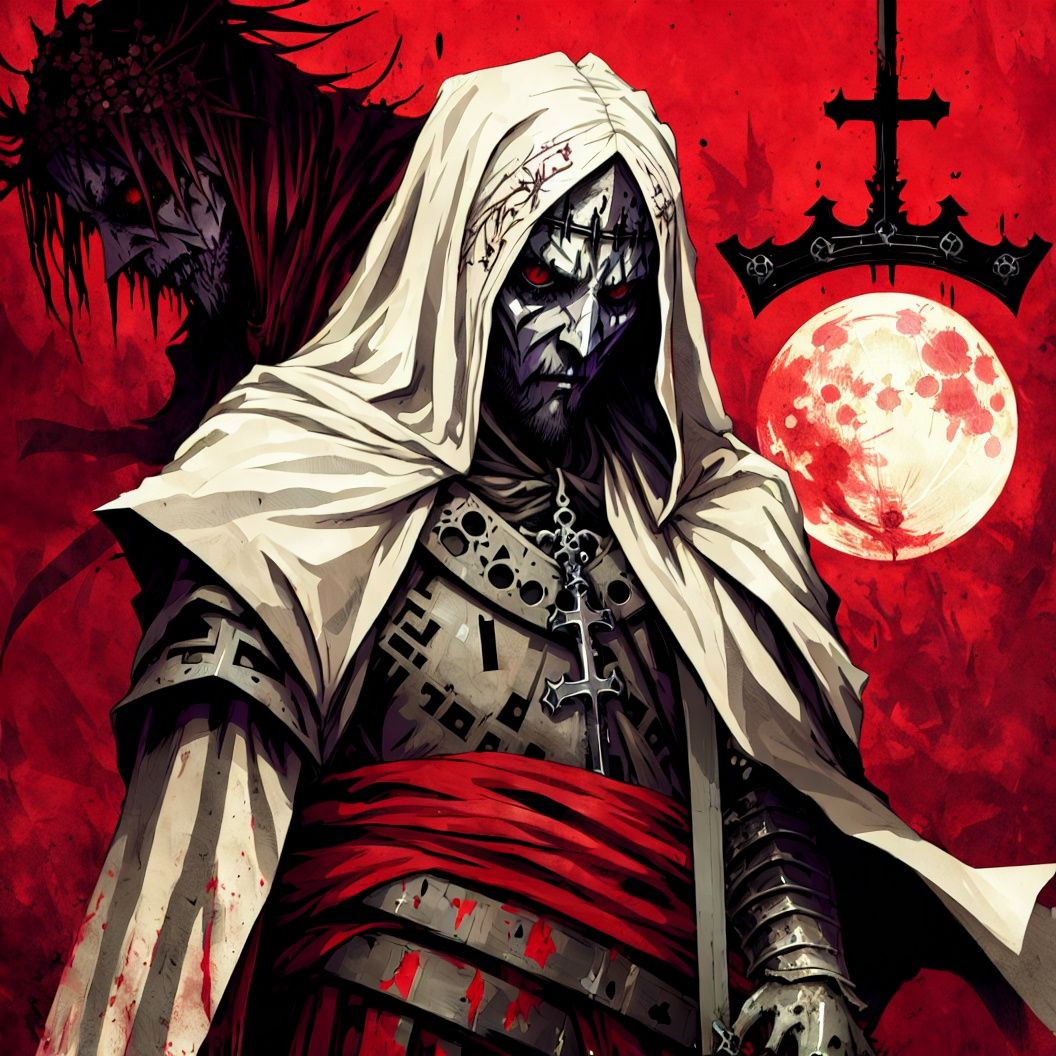 (ashenhard style:1.2),ultra-detailed,highres,intricate detail,(best quality:1.2),(masterpiece:1.2),wallpaper,illustration,original,1boy,knight,death knight,(solo:1.2),full bodys,armor,cloak,crosses, broken lines,full moon, (red moon), planted swords, silhouette, sky, torn clothes, veil, torn clothes,weapon