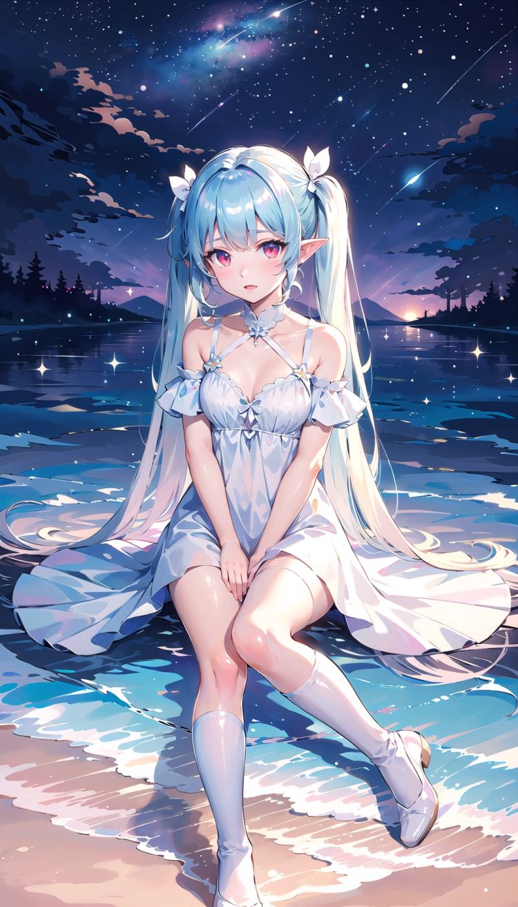 chiaroscuro, jellyfish, long hair, dress, 1girl, very long hair, twintails, blue theme, pointy ears , red eyes , white dress , bangs, white hair, white kneehighs , solo, bow,cuteloli , on the beach , starry_sky ,midjourney,cuteloli,cozy anime,fantasy,flower