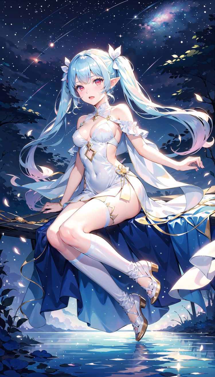 chiaroscuro, jellyfish, long hair, dress, 1girl, very long hair, twintails, blue theme, pointy ears , red eyes , white dress , bangs, white hair, white kneehighs , solo, bow,cuteloli , on the beach , starry_sky ,midjourney,cuteloli,cozy anime,fantasy,flower