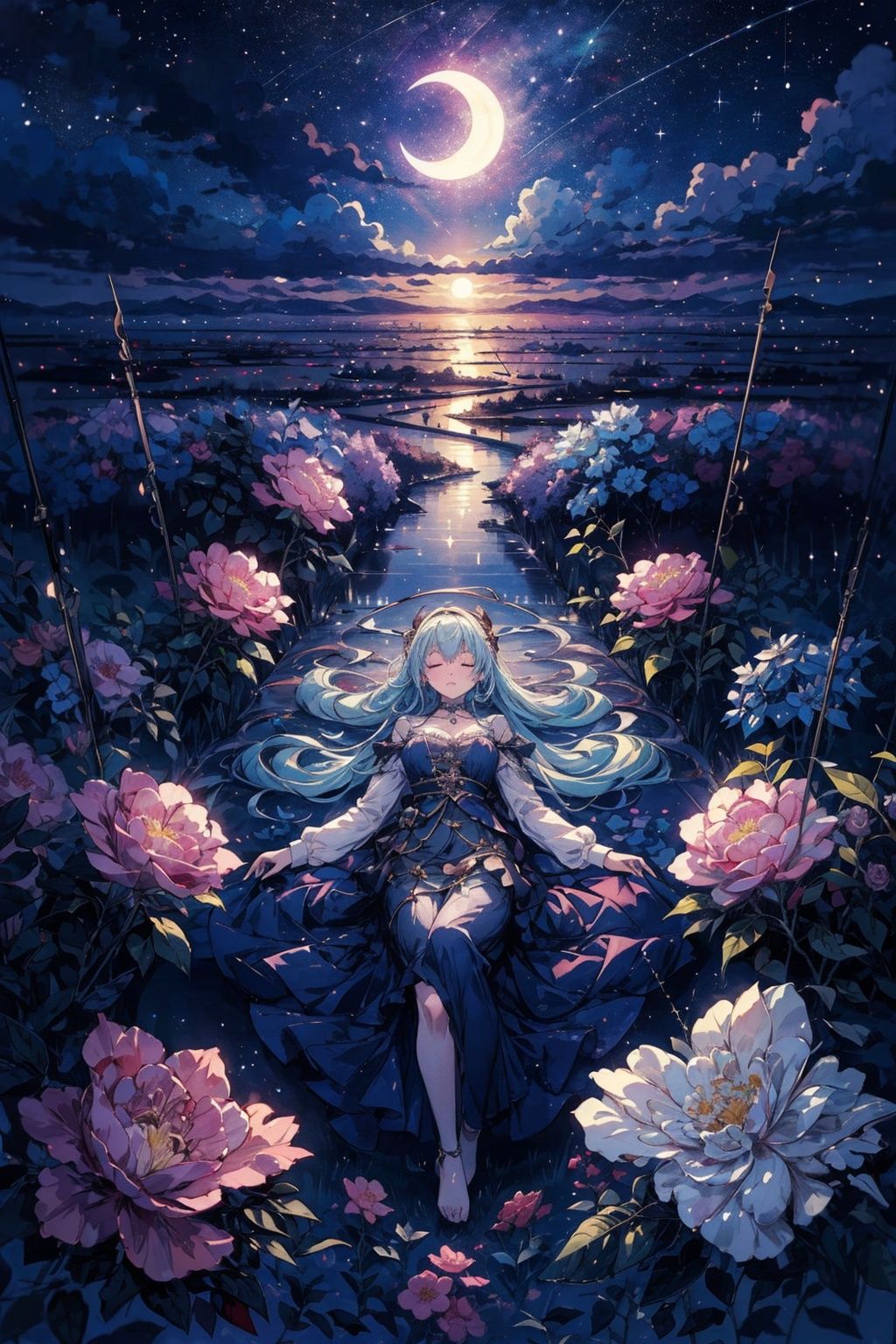 Dreamweaver diva, phantasmal, surreal, night-sky hair, dreamscape, orchestrating, symphony of slumber, dress of dusk, floating among dreams, deep night, lullaby of the subconscious, dream orchestration scene,Neck,Unity,
(from above),flower
