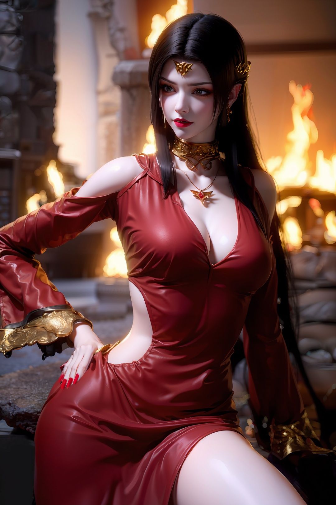 （Meidusha：runluoxinyan：0.3）,1 girl with long black hair stood in the ruins of the flames, her casual expression revealing her fair thighs, blushing, and red nails，depth of field,<lora:meidusha:0.85>,