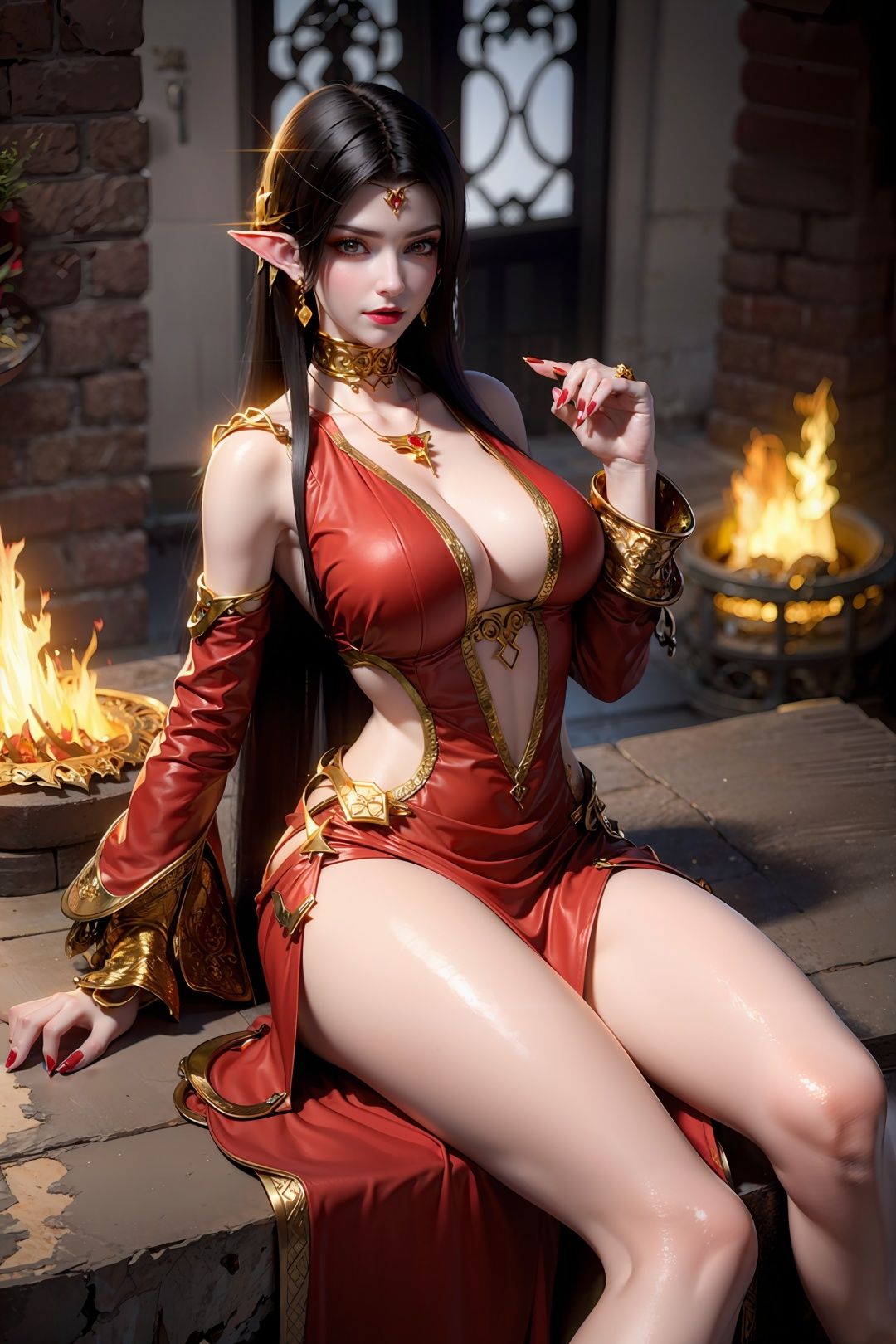 masterpiece, (photorealistic:1.4), best quality, beautiful lighting,meidusha，（A girl with long black hair stood in the background of flames/ruins. Her body was very weak, revealing white thighs, blushing, red nails, red toenails, jewelry, gemstones, and accessories），Large chest，Damaged clothes， <lora:meidusha_v1:0.85>，full-body picture