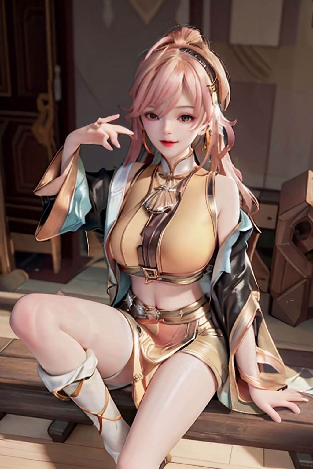 masterpiece, best quality, hyperdetail, 8K, detail light, detail shadow, (detail skin), (realism: 1. 2), nsfw, lingerie, interior, 1 girl, little girl, detailed face, hair accessory, necklace, earrings, gemstones, long hair, nipple ring, shiny skin, sitting, leaning back, hands on the ground, legs open, (lots of white liquid in the lower body), vaginal juice, exposed, vagina, vaginal fluid, wooden floor, 1 girl, skirt_lift,姬小满