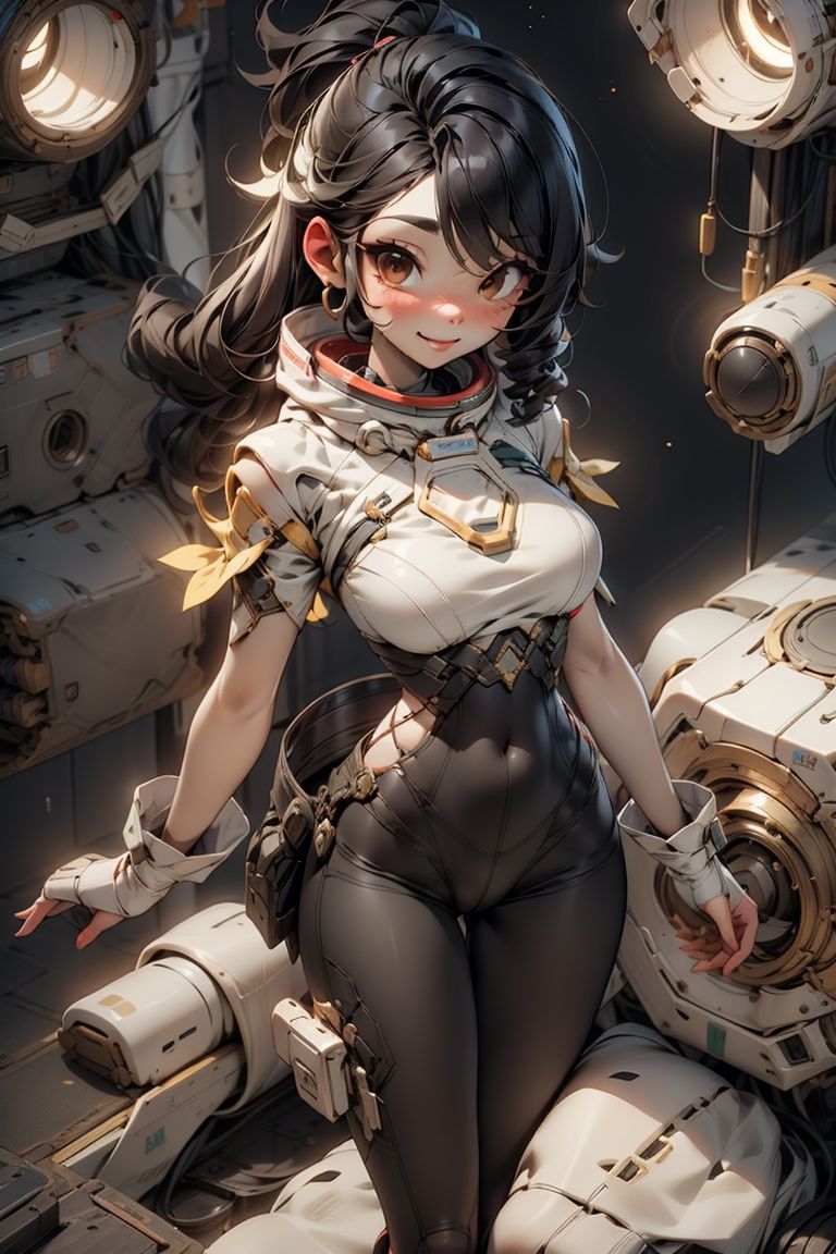 masterpiece, best quality,1girl,young girl,brown eyes,drill hair,happy smile,shiny skin,(nice leg line:1.3),thin waist,huge breasts, BREAK Space explorer, Space travel, interstellar exploration, terraforming, space colonies, extraterrestrial life. BREAK around crowd:1.1,depth of field,looking at viewer,from above,upper body，<lora:unholy:0.8> , <lora:Mecha:1>   <lora:disney:1>