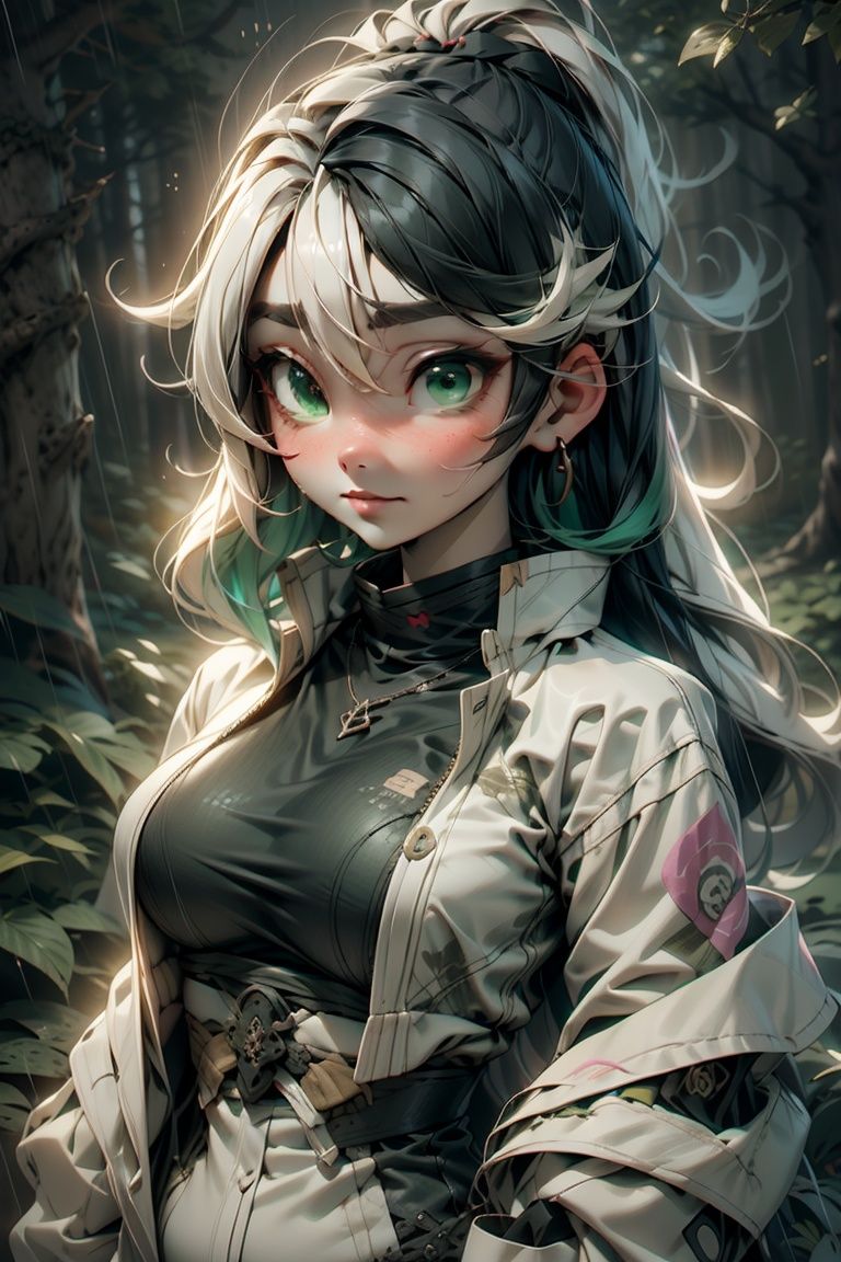 masterpiece, top quality, best quality, (sexual), 1girl, (upper body), Mitsuri, (gradient hair color), (long hair), seductive expression, sultry face, (love goddess), green eyes, (erotic),, cleavage, (demon slayer uniform), white jacket, (forest), (dark forest), (rain), (ominous)，<lora:unholy:0.8> , <lora:Mecha:1>   <lora:disney:1>