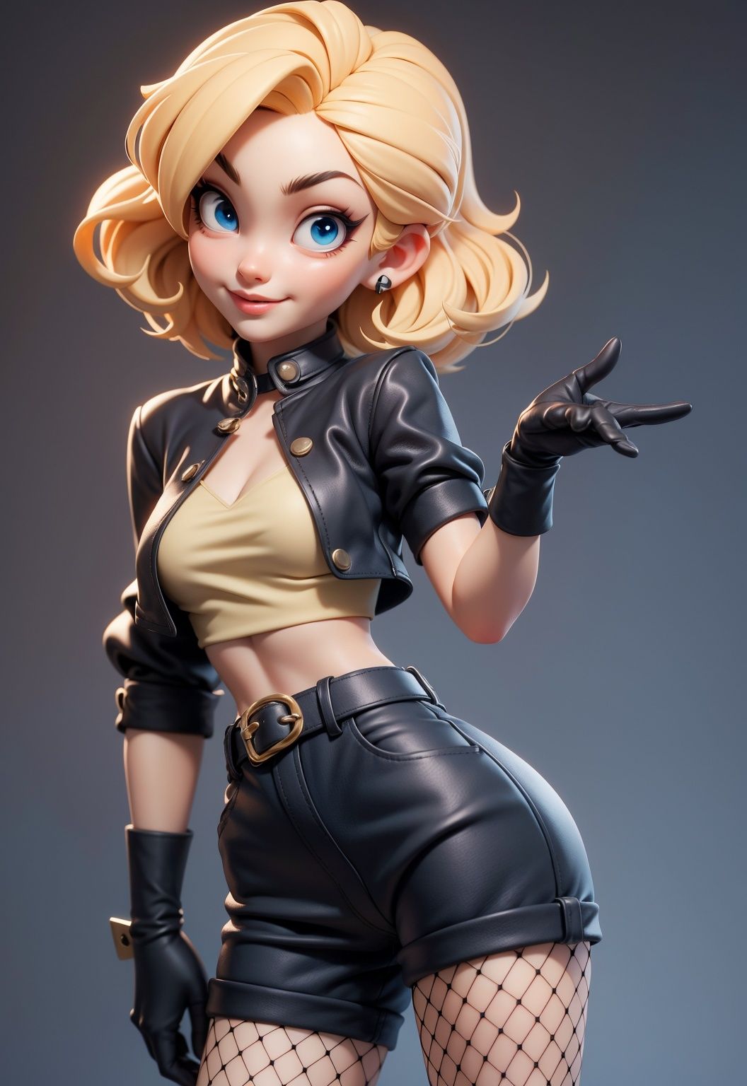 1girl, blonde short hair, blue eyes, black gloves, lether belt, fishnets,3DMM,MJ3D