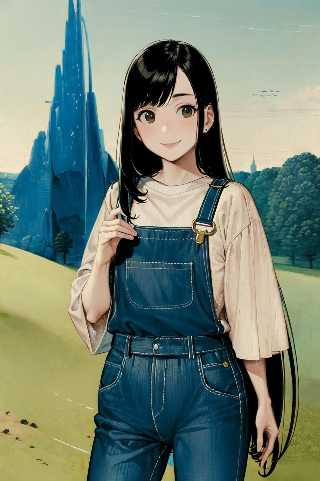 tged, <lora:tged-000007:1>,strange blue tower as background,sky,green grass,upper body,jeans overall mit,black hair,long hair,brown eyes,standing,smile,looking at viewer,1girl,