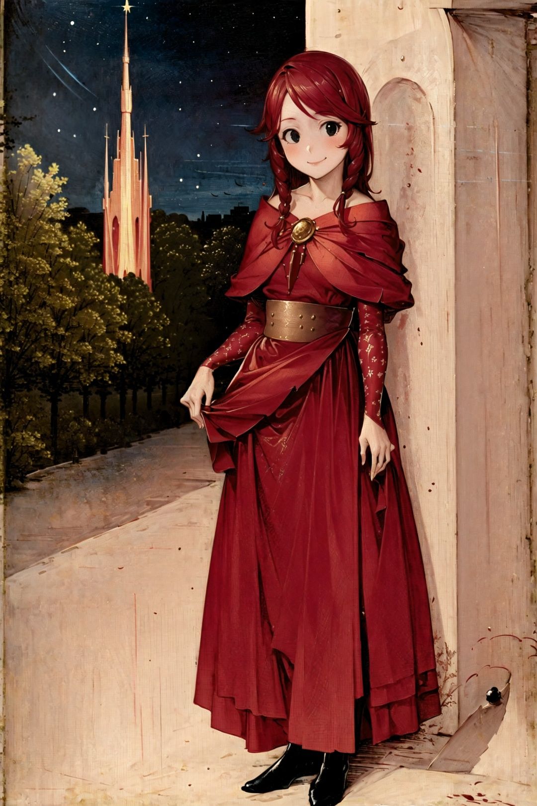 tged, <lora:tged-000007:1>,full body,long red dress,high hell,short curly hair,red hair,black eyes,standing,city street,Starry night,smile,looking at viewer,1girl,luminous strange tower