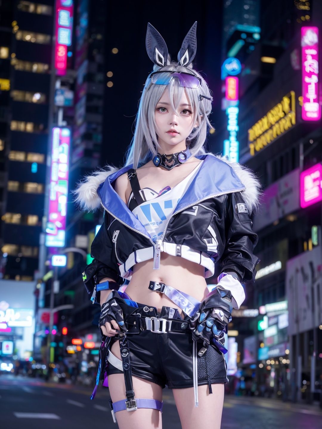 sliver wolf /(honkai:star rail/), 1girl, grey hair, long hair, jacket, (looking at viewer:1.2), shorts, fur trim, navel, (ulzzang-6500:0.65), smooth chin, photorealistic, upper body, sunglasses, bunny ears, shorts, (cyberpunk city:1.1), cityscape, cold face, standing, from below, hip focus, cleavage, night