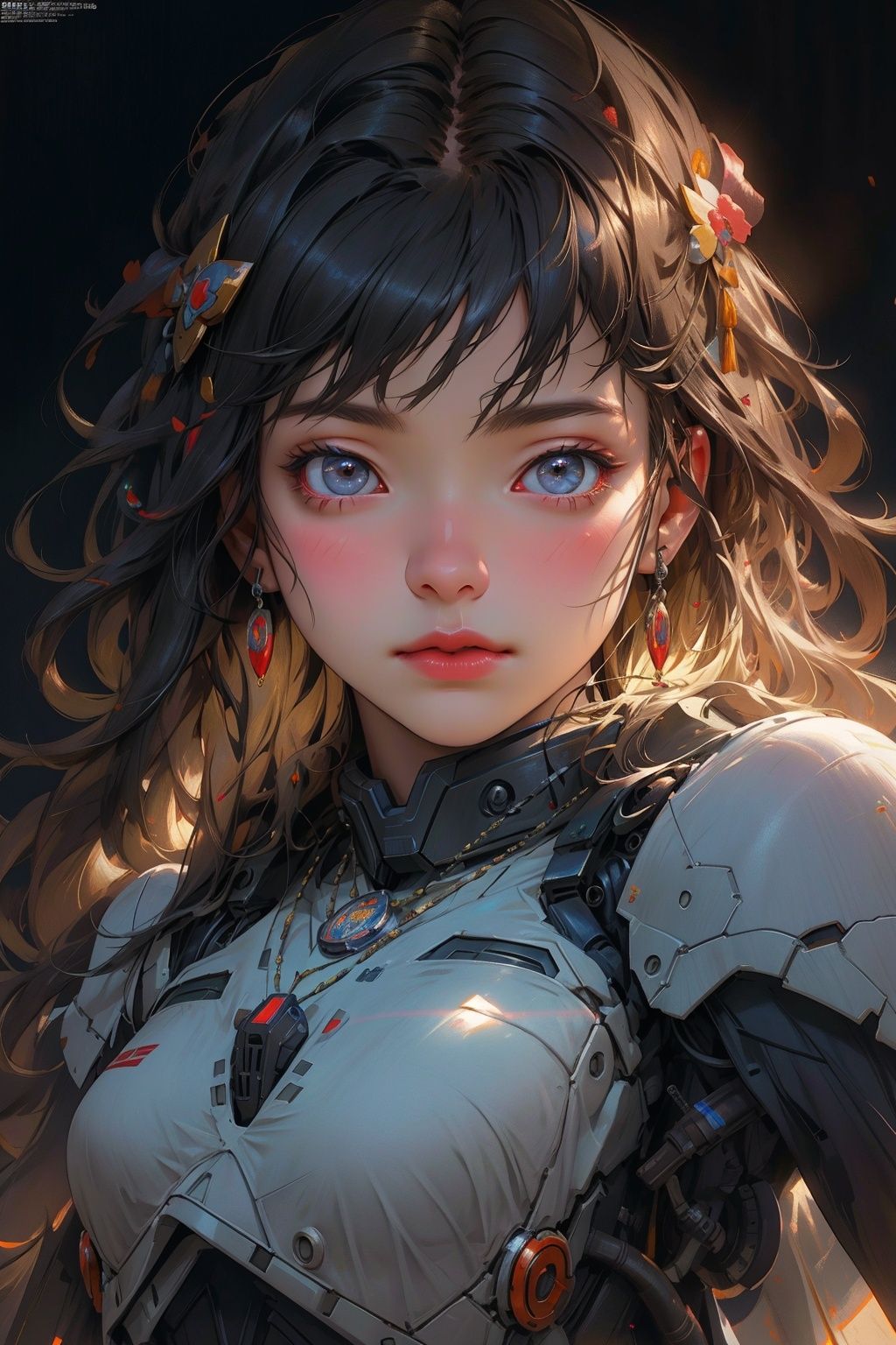 best quality, masterpiece, highres, 1girl,hair ornament,necklace, jewelry,Beautiful face,upon_body, tyndall effect,photorealistic, dark studio, rim lighting, two tone lighting,(high detailed skin:1.2), 8k uhd, dslr, soft lighting, high quality, volumetric lighting, candid, Photograph, high resolution, 4k, 8k, Bokeh,Masterpiece, best quality,super detailed,machinery,, Mecha,1girl,32k,高清