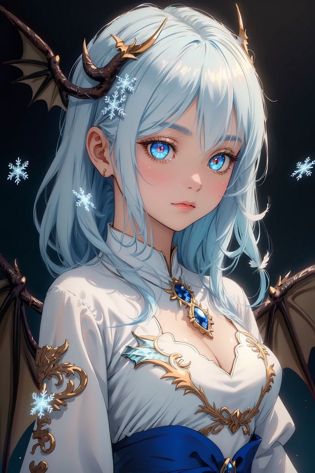A 1girl, Tarot cards,((best quality)), ((masterpiece)), ((ultra-detailed)), extremely detailed CG, (illustration), ((detailed light)), (an extremely delicate and beautiful), a girl, solo, ((upper body,)), ((cute face)), expressionless, (beautiful detailed eyes), blue dragon eyes, (Vertical pupil:1.2), white hair, shiny hair, colored inner hair, (Dragonwings:1.4), [Armor_dress], blue wings, blue_hair ornament, ice adorns hair, [dragon horn], depth of field, [ice crystal], (snowflake), [loli], [[[[[Jokul]]]]],