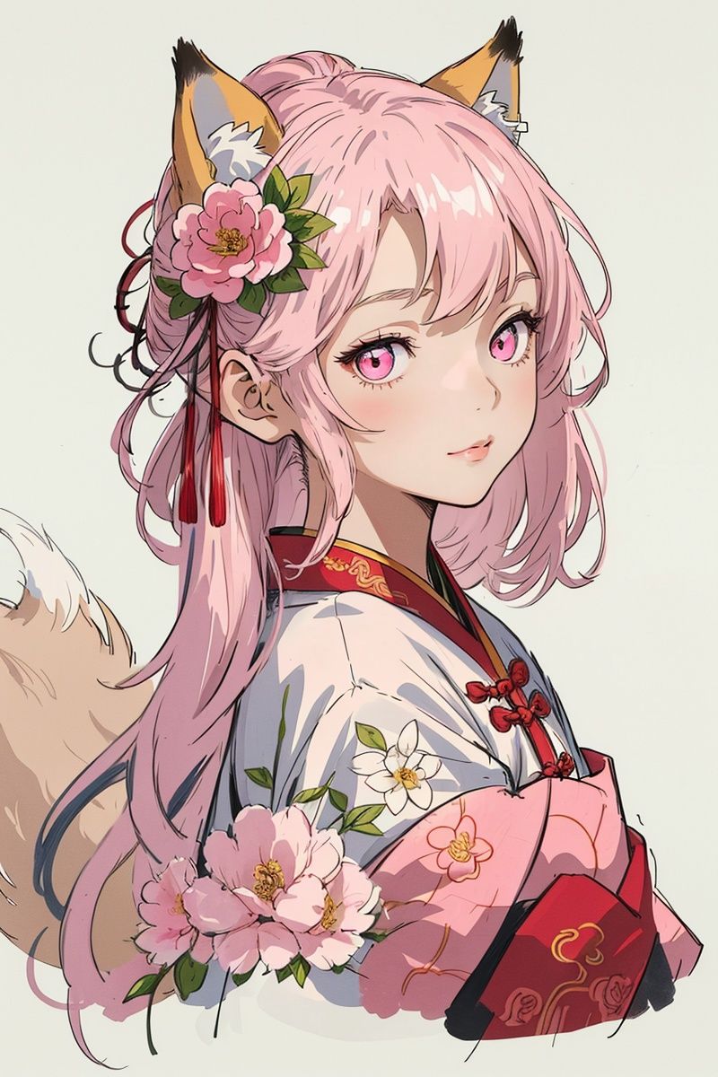 A young girl with long pink hair, pink eyes, fox ears, a fox tail, and dressed in a traditional Chinese costume. The details are described in great detail, including a flower on her head. This is likely depicted in a drawing or illustration.