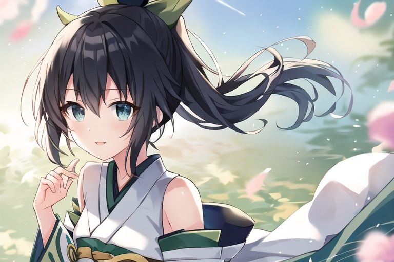 yingcao,ponytail,black hair,blue_eyes,Chinese style,highres,masterpiece,Unity Creations,beautiful detailed eyes,White clothes,Green grain,hanfu,chinese clothes,china dress,,Dandelion,petite,pixiv id,masterpiece,glowing light,reflection light,ray tracing,cinematiclighting,shoulder cutout,
