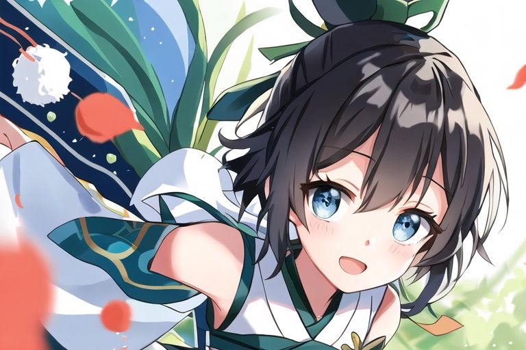 yingcao,ponytail,black hair,blue_eyes,Chinese style,highres,masterpiece,Unity Creations,beautiful detailed eyes,White clothes,Green grain,hanfu,chinese clothes,china dress,,Dandelion,petite,pixiv id,masterpiece,glowing light,reflection light,ray tracing,cinematiclighting,shoulder cutout,