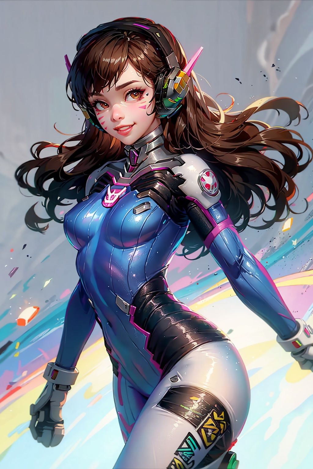 masterpiece, best quality,1girl, solo, long hair, d.va (overwatch), brown hair, bodysuit, facial mark, whisker markings, smile, breasts, headphones, gloves(kbxll:1),Simple background,loli,petety,best quality,高清,32k