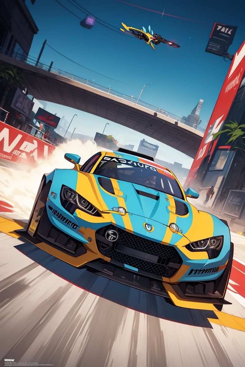 Interdimensional car racing with animated drivers, taking place across parallel worlds with reality-bending tracks and high-speed action in vibrant dimensions. This is captured in a stylish format for a magazine cover or poster, with dynamic and super detailed graphics featuring cel shading, art, titles, logos, labels, badges, and a 4K detail post-processing for an atmospheric and ultra-realistic 8K experience. The epic composition and complex details make for a stunning work of graphic design.