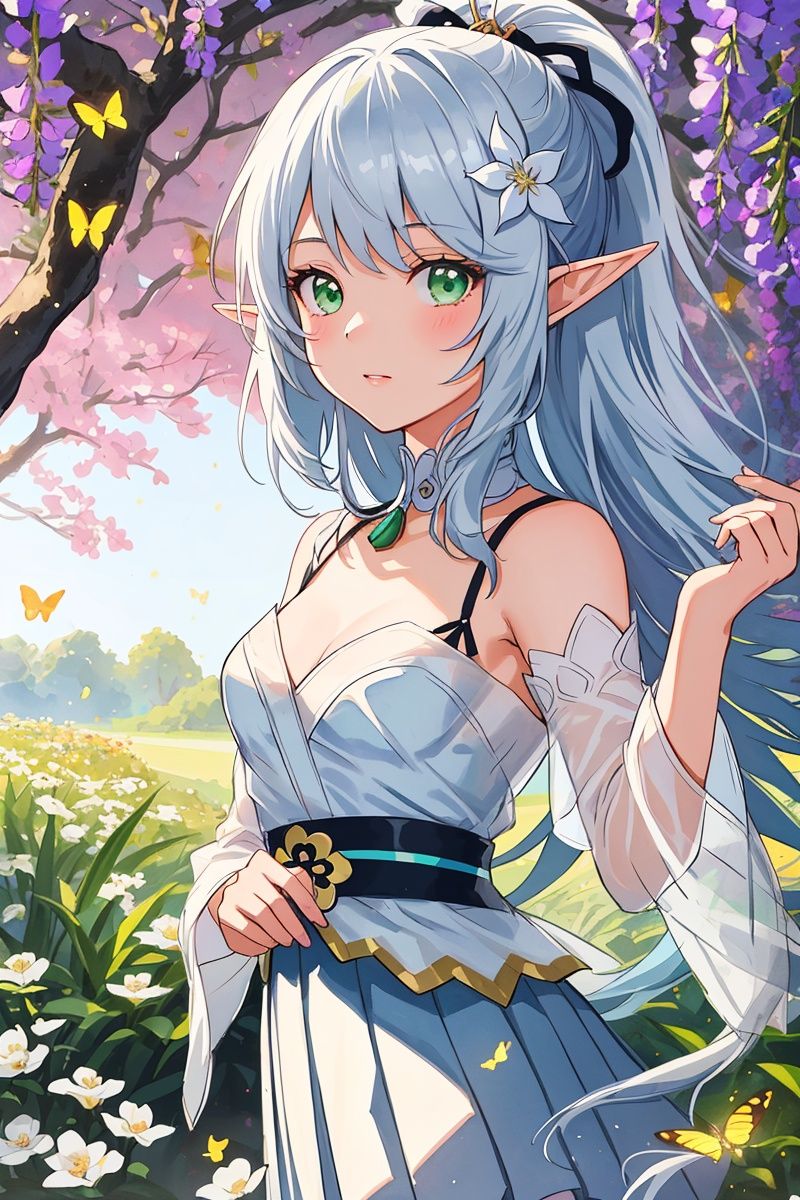 3D，photo，(the wonderland of elf),(((masterpiece))),(incredibly_absurdres),(best quality),(highres),((ultra-detailed)),(girl in the garden),(garden in the dream), (extremely fantasy dream),(an extremely delicate and beautiful girl),delicate face,beautiful detailed eyes,[1princess,elf,pointy_ears, flower, breasts, elf, long_hair, blonde and silver hair, very_long_flowing_hair, solo, detached_sleeves, yokozuwari, green_eyes, white_flower, butterfly_hair_ornament, bare_shoulders, bare_breast,medium_breasts, looking_at_viewer,(silver see-through gauze_dress:1.2),(gold trim glowing gauze_dress), hair_ornament, bangs: :0.66],(upper_body),focus on face,close up,[ :dynamic angle,insect,animals,(bug, glowworm,butterfly,animal, , glowing butterfly,glowing fireflies,fireflies encircles the girl,(glowing)) (detailed light),feather, nature, (sunlight), flowers:0.33],girl in the garden,garden in the wonderland,beautiful and delicate wonderland,(painting),(sketch),(bloom),(shine),(All fireflies shine)(detailed background),(depth of field),backlight,(cinematic light),(lens_flare),(best shadow),(extremely delicate and colorful Wisteria Tunnel), (fairy tale and dreamy),High quality, ultra detail, ((Nahida, genshin impact,Green eyes,Nahida's character costume)),(watercolor medium:1.1), (ukiyoe style:1.21), (masterpiece:1.4641), (best quality:1.331), (illustration:1.1), (1girl:1.5), (solo:1.5), (an extremely delicate and beautiful:1.21),  cute,looking at viewer,Medium lens,(She Hold the branches with small white flowers:1.23),(white background:1.3), (night sky with stars:1.2), (Sophora:1.2), (drooping branches with white flowers),(beautiful long white hair),(very long white hair),small breasts,(black pleated skirt:1.25),((white hair)),(collared shirt),(white stocking),collarbone,[delicate hands:0.8],